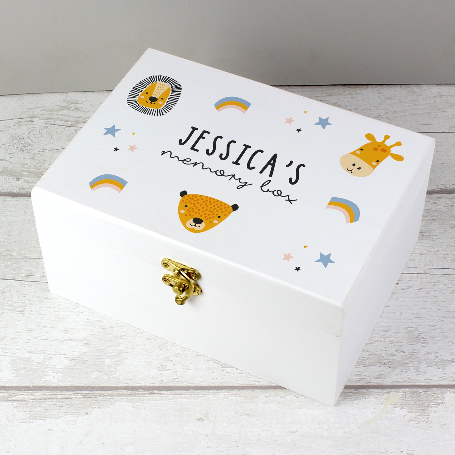 Personalised Safari Animals White Wooden Keepsake Box - gift & personalise