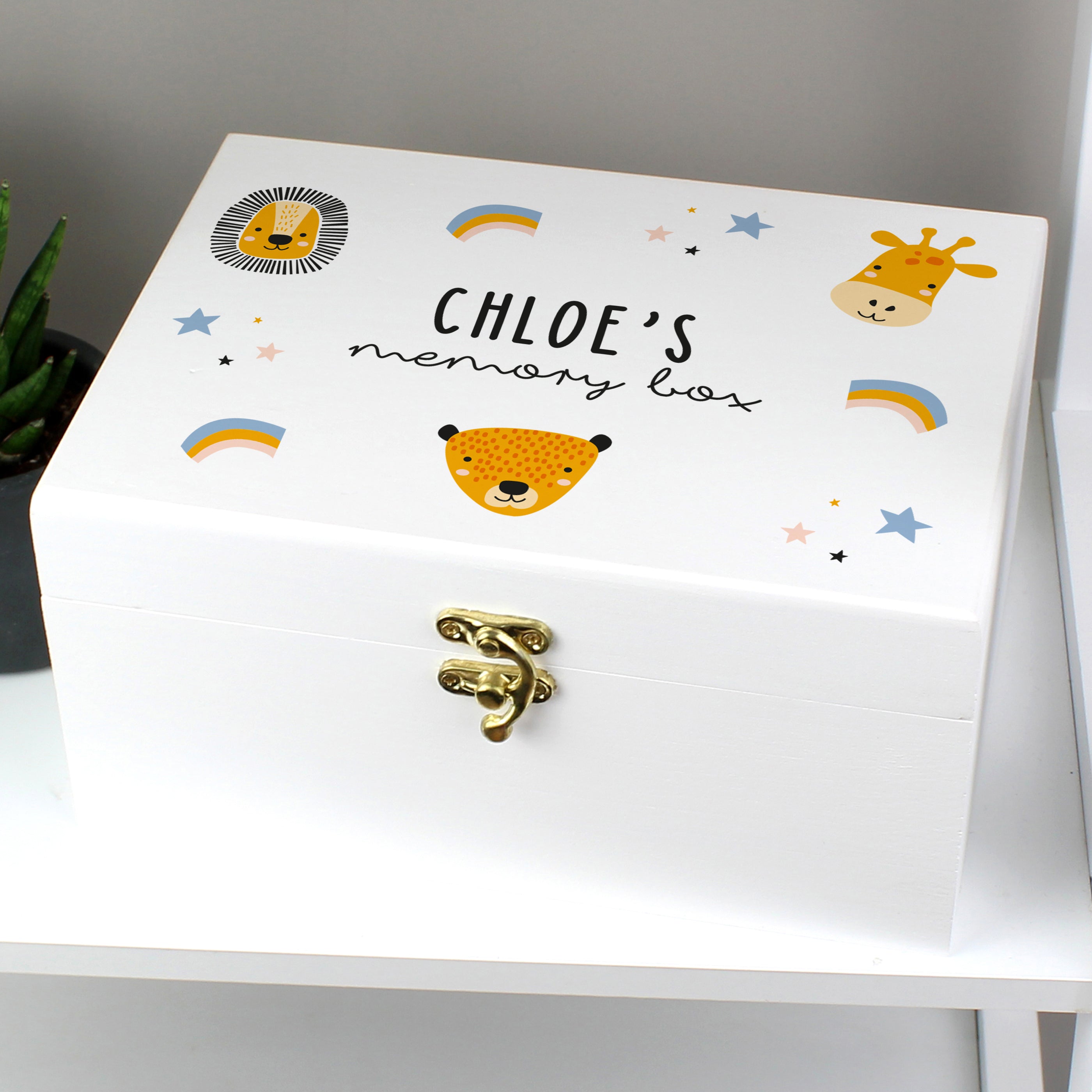 Personalised Safari Animals White Wooden Keepsake Box - gift & personalise