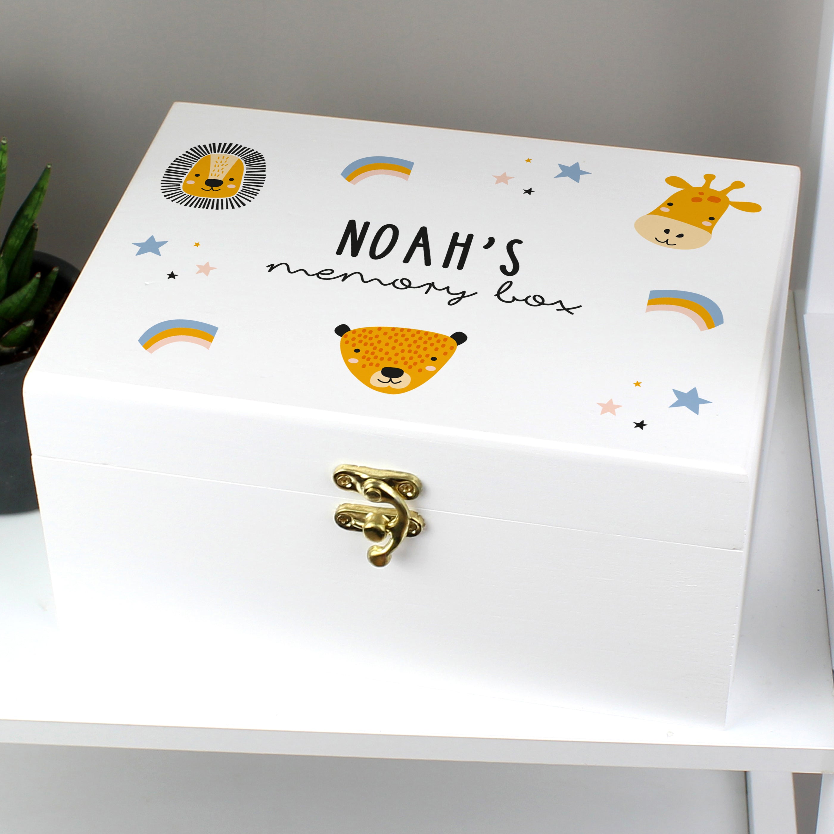 Personalised Safari Animals White Wooden Keepsake Box - gift & personalise