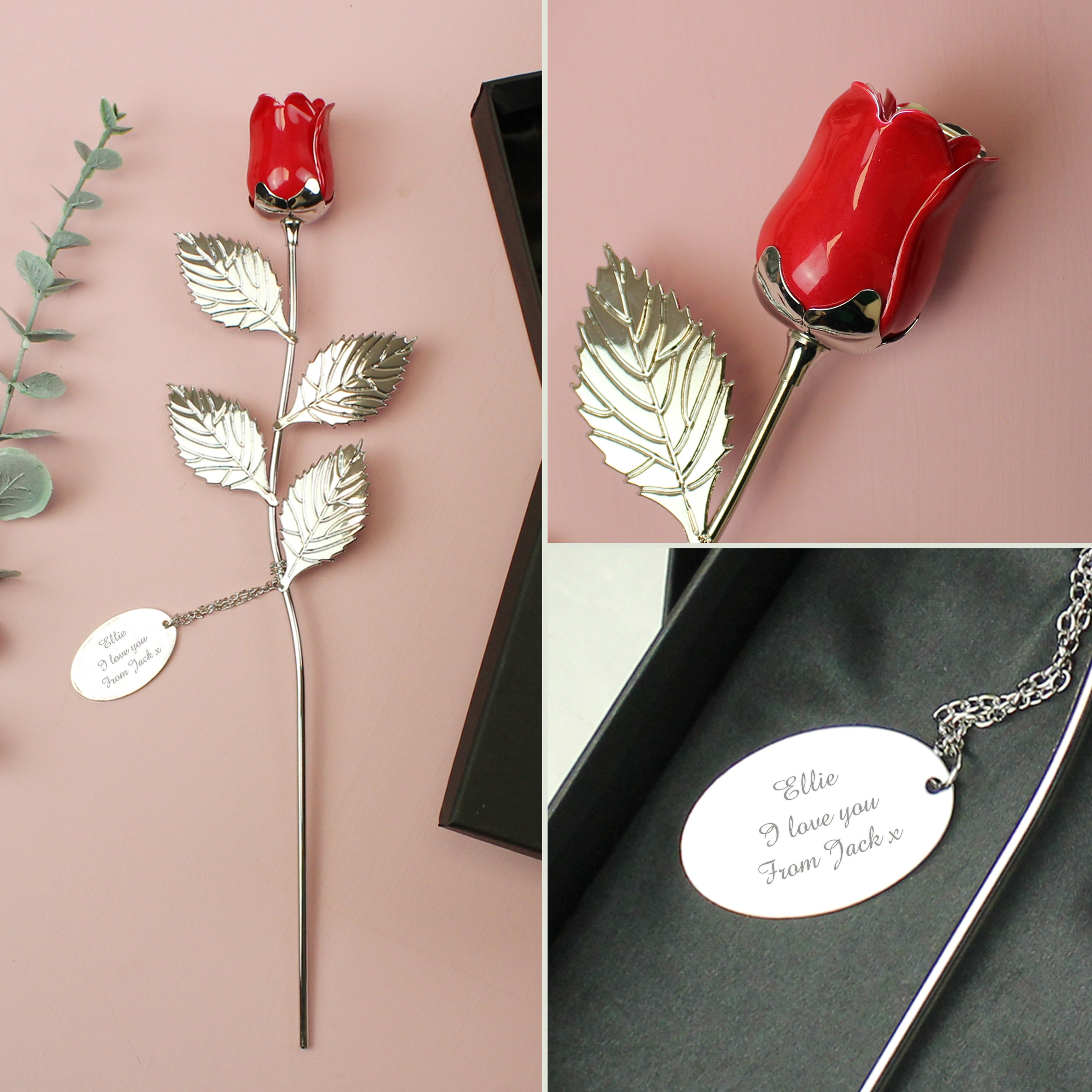 Personalised Free Text Silver Plated Red Rose - gift & personalise