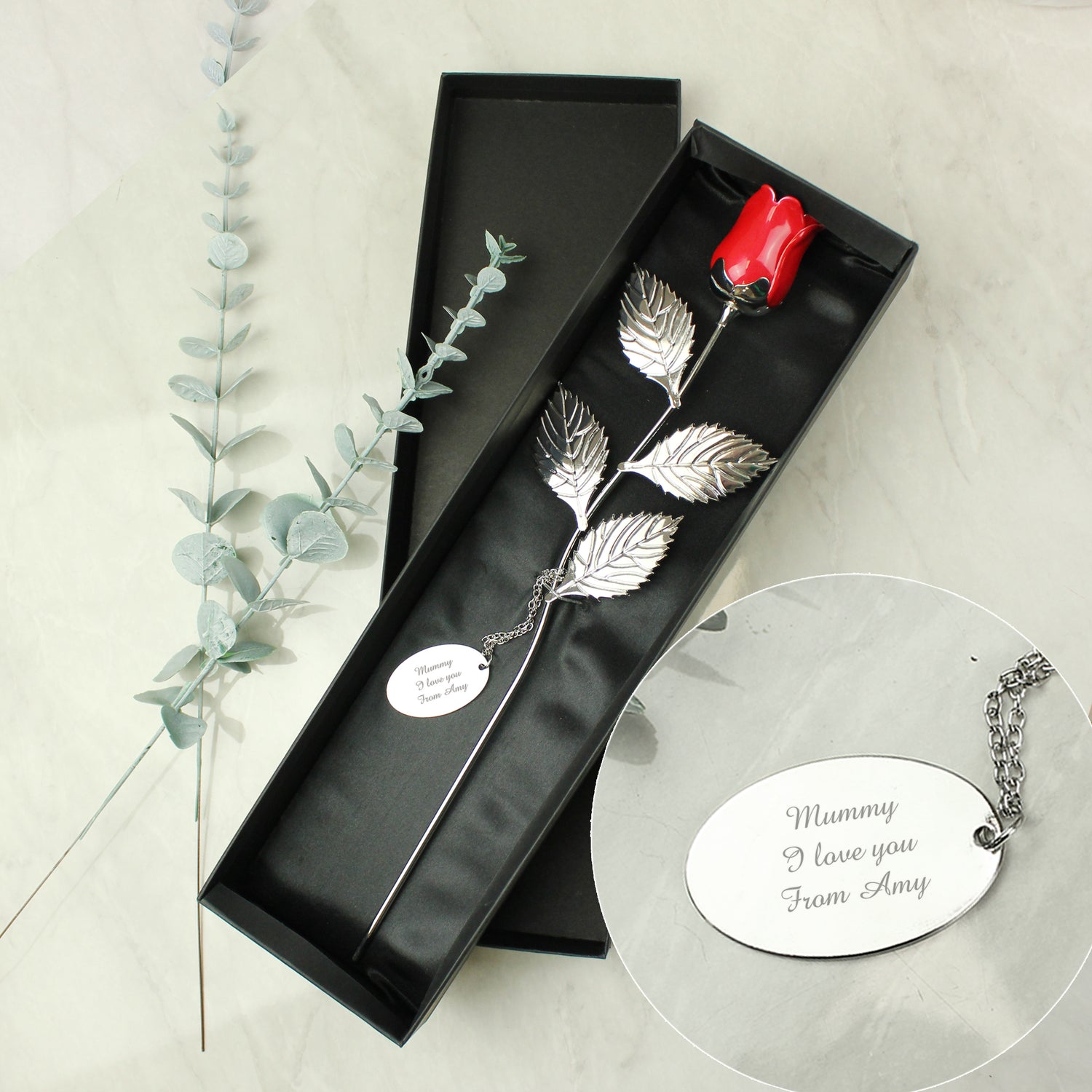 Personalised Free Text Silver Plated Red Rose - gift & personalise