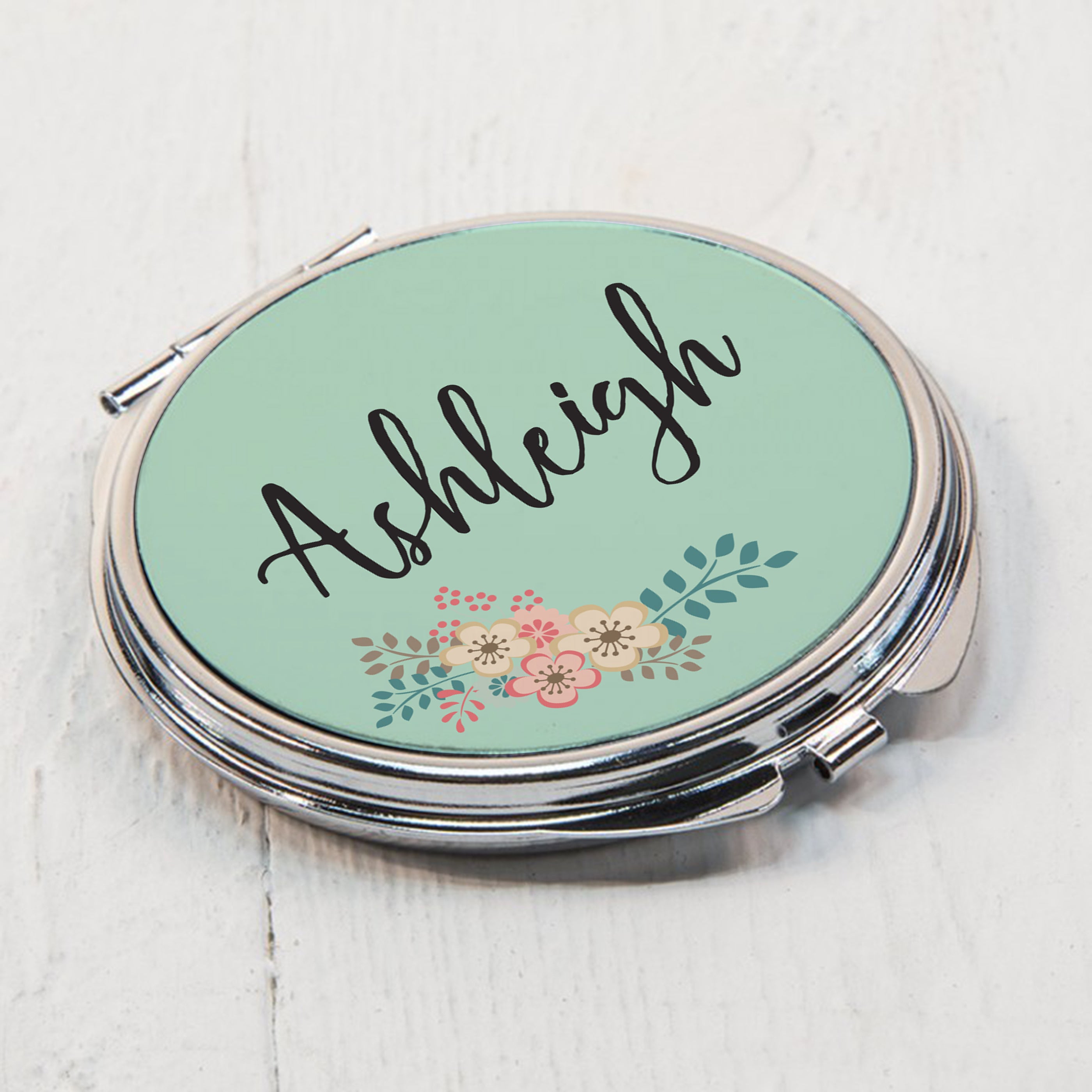 Personalised Green Floral Compact Mirror - gift & personalise