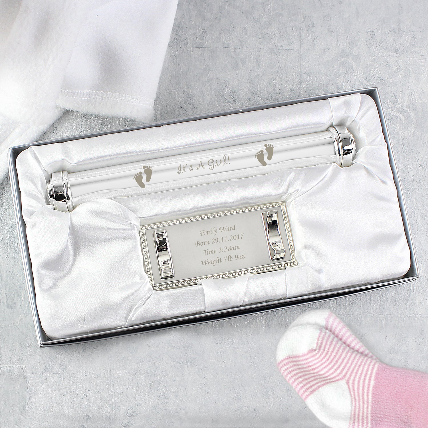 Personalised Its A Girl Silver Plated Certificate Holder - gift & personalise