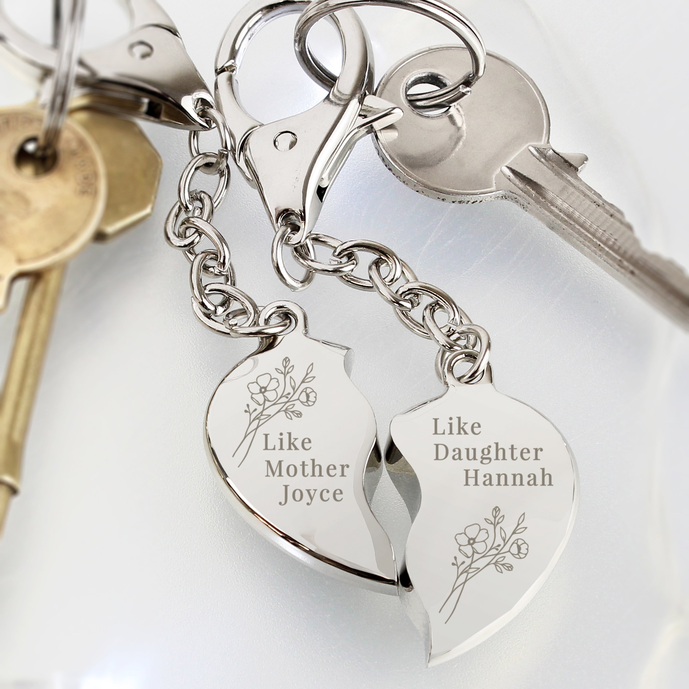 Personalised Floral Mother Daughter Two Heart Keyring - gift & personalise