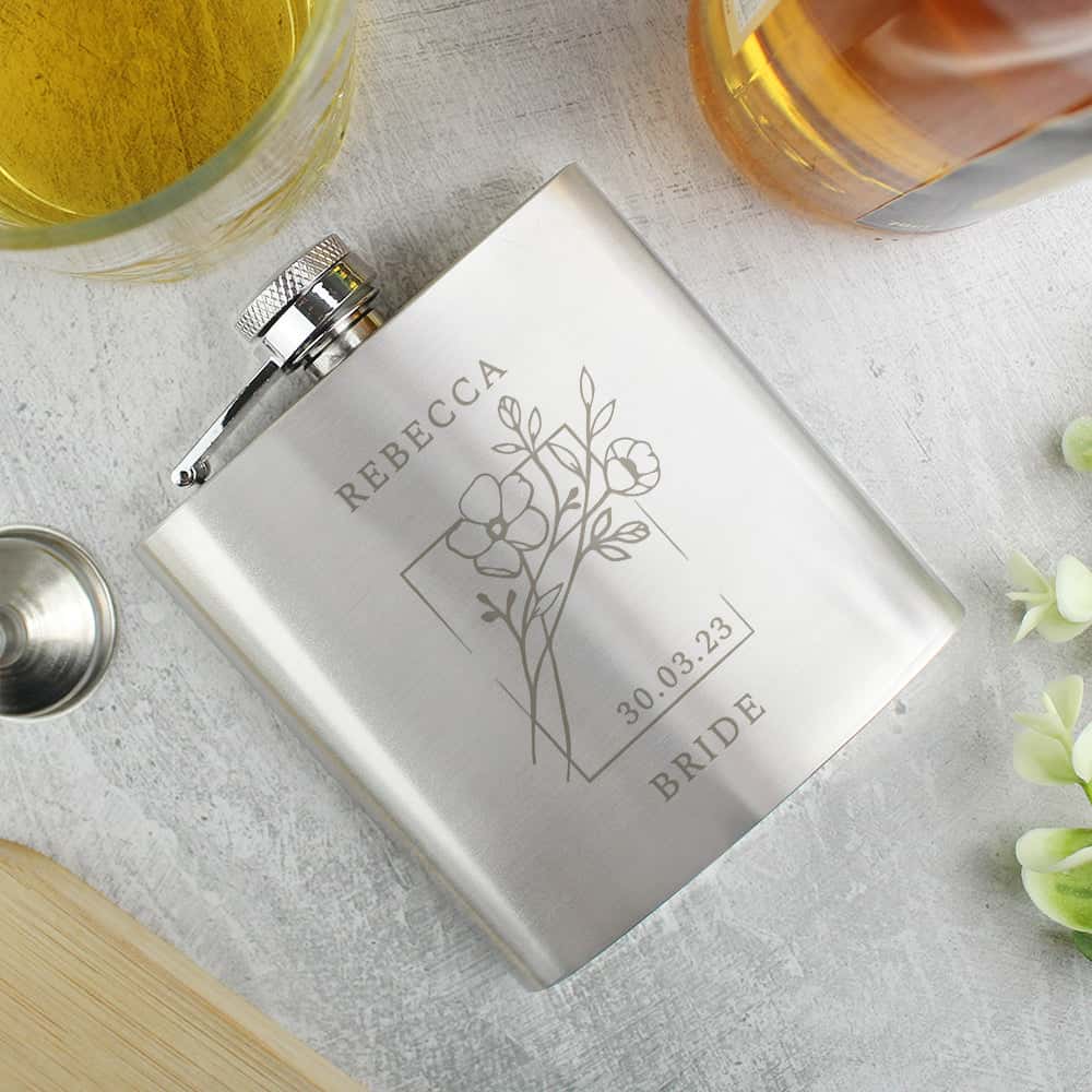 Personalised Monochrome Floral Hip Flask - gift & personalise