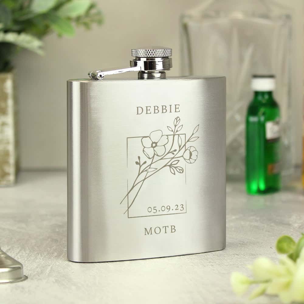 Personalised Monochrome Floral Hip Flask - gift & personalise