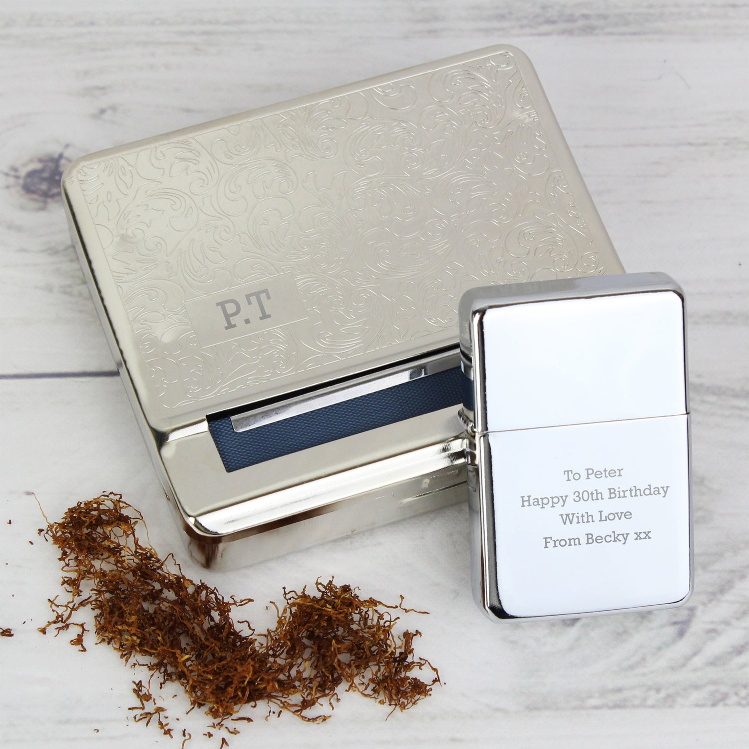 Personalised Tobacco Rolling Tin and Silver Lighter Set - gift & personalise