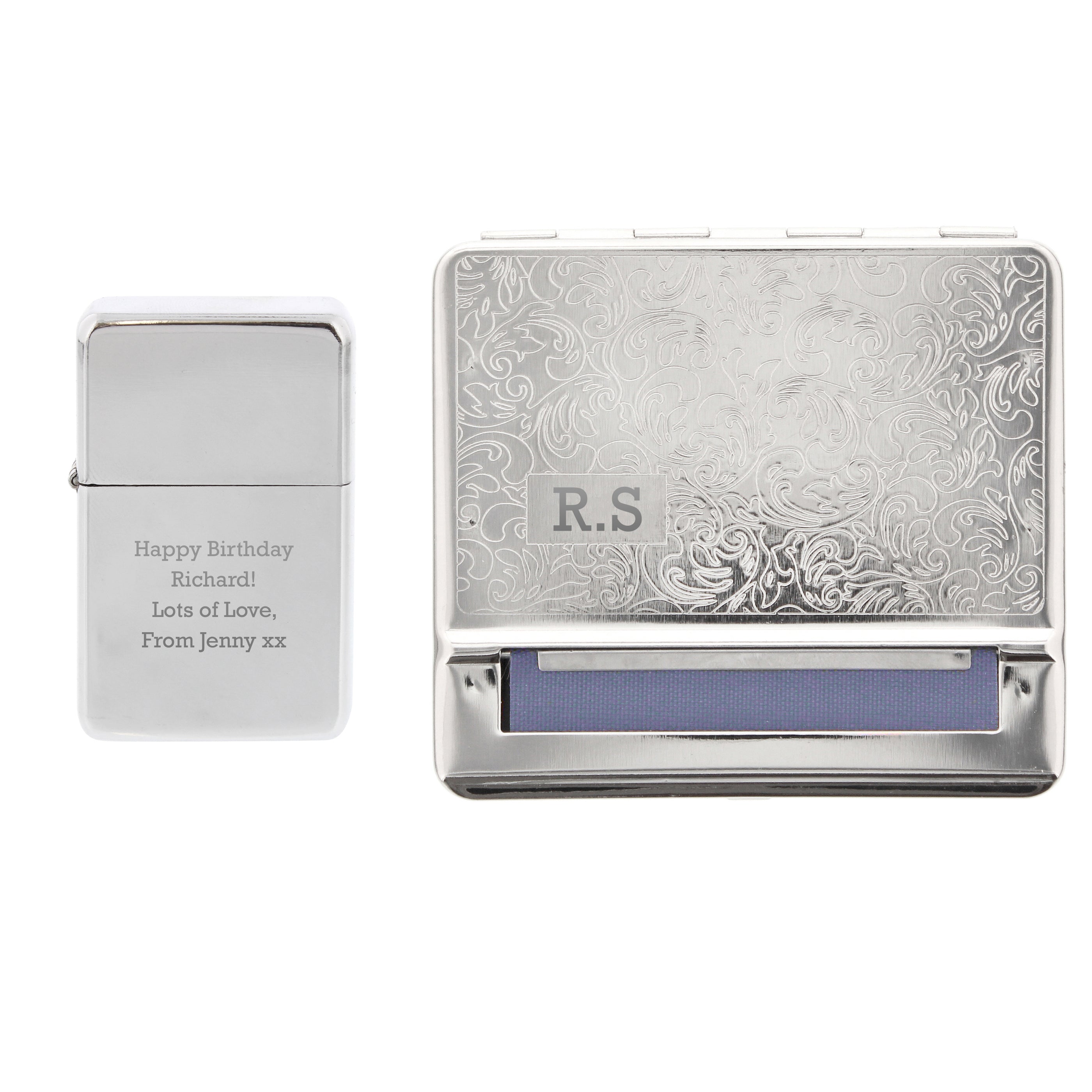 Personalised Tobacco Rolling Tin and Silver Lighter Set - gift & personalise