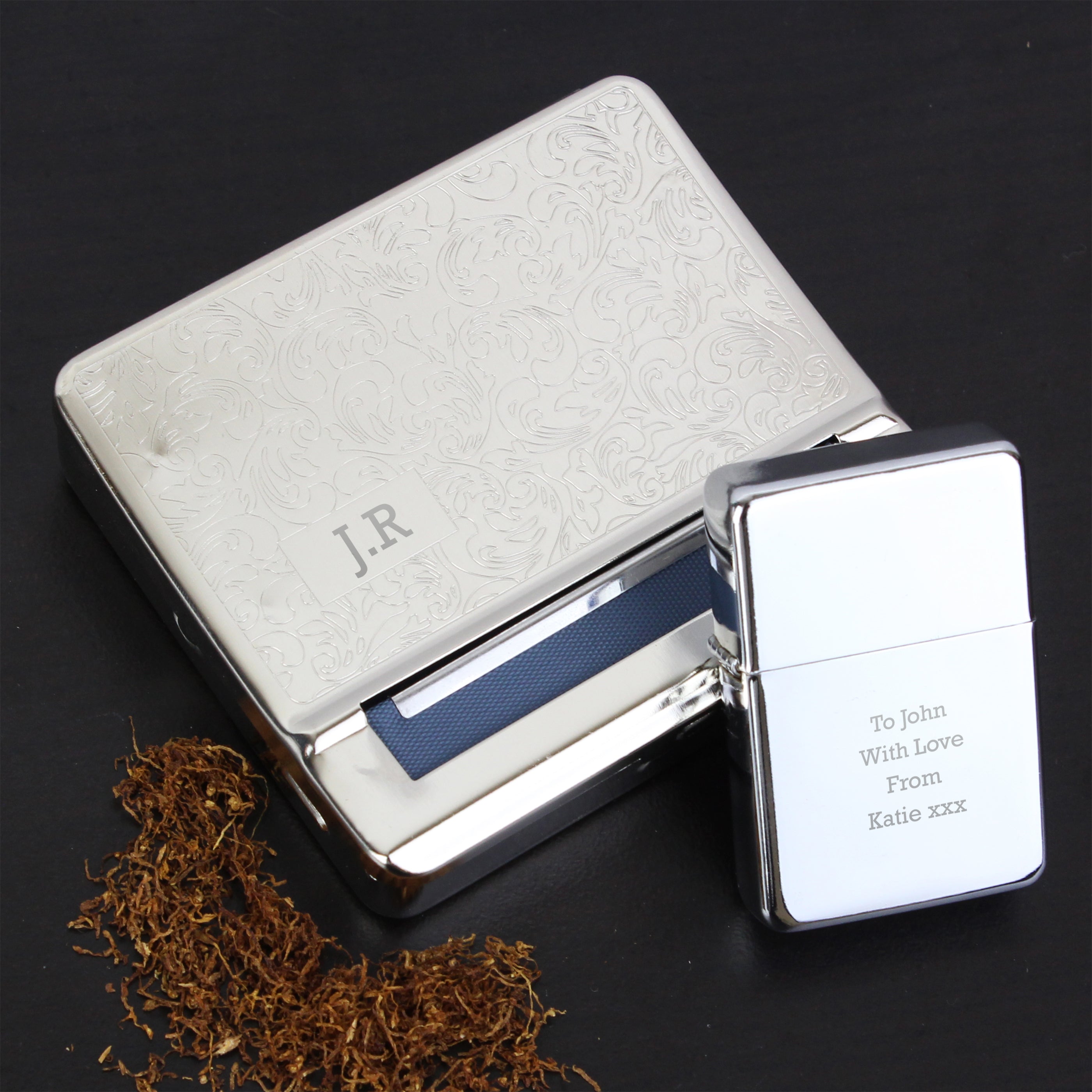 Personalised Tobacco Rolling Tin and Silver Lighter Set - gift & personalise