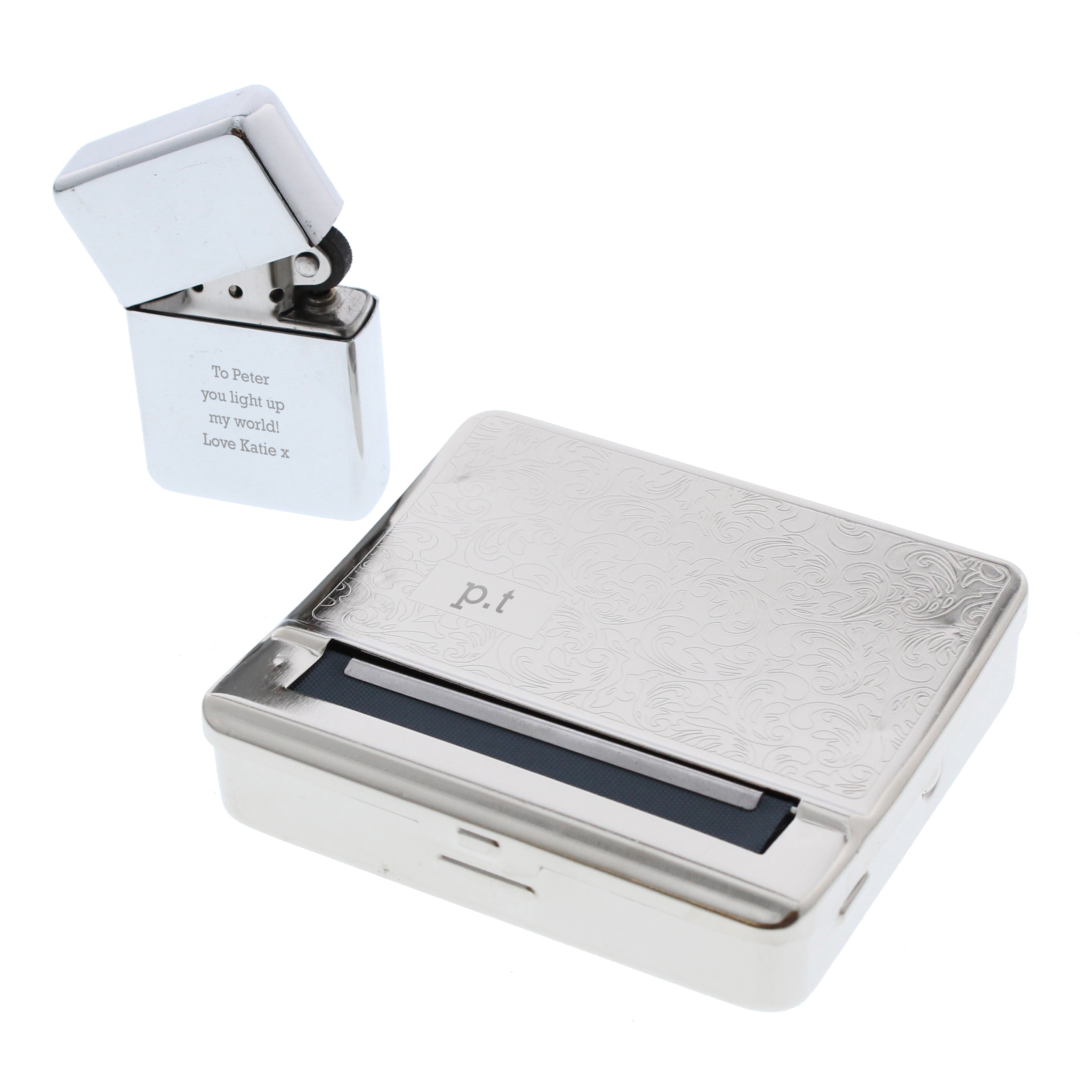 Personalised Tobacco Rolling Tin and Silver Lighter Set - gift & personalise