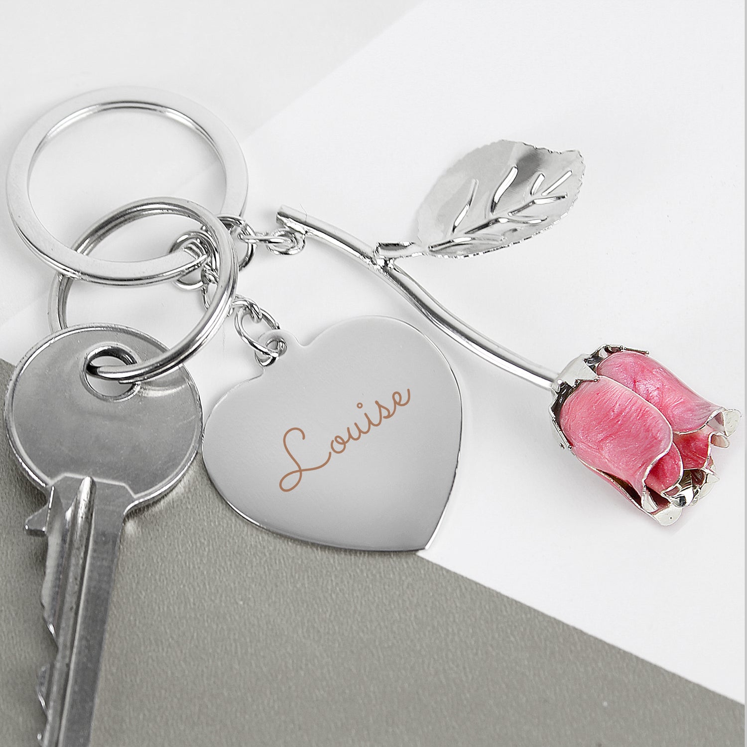 Personalised Silver Plated Name Pink Rose Keyring - gift & personalise