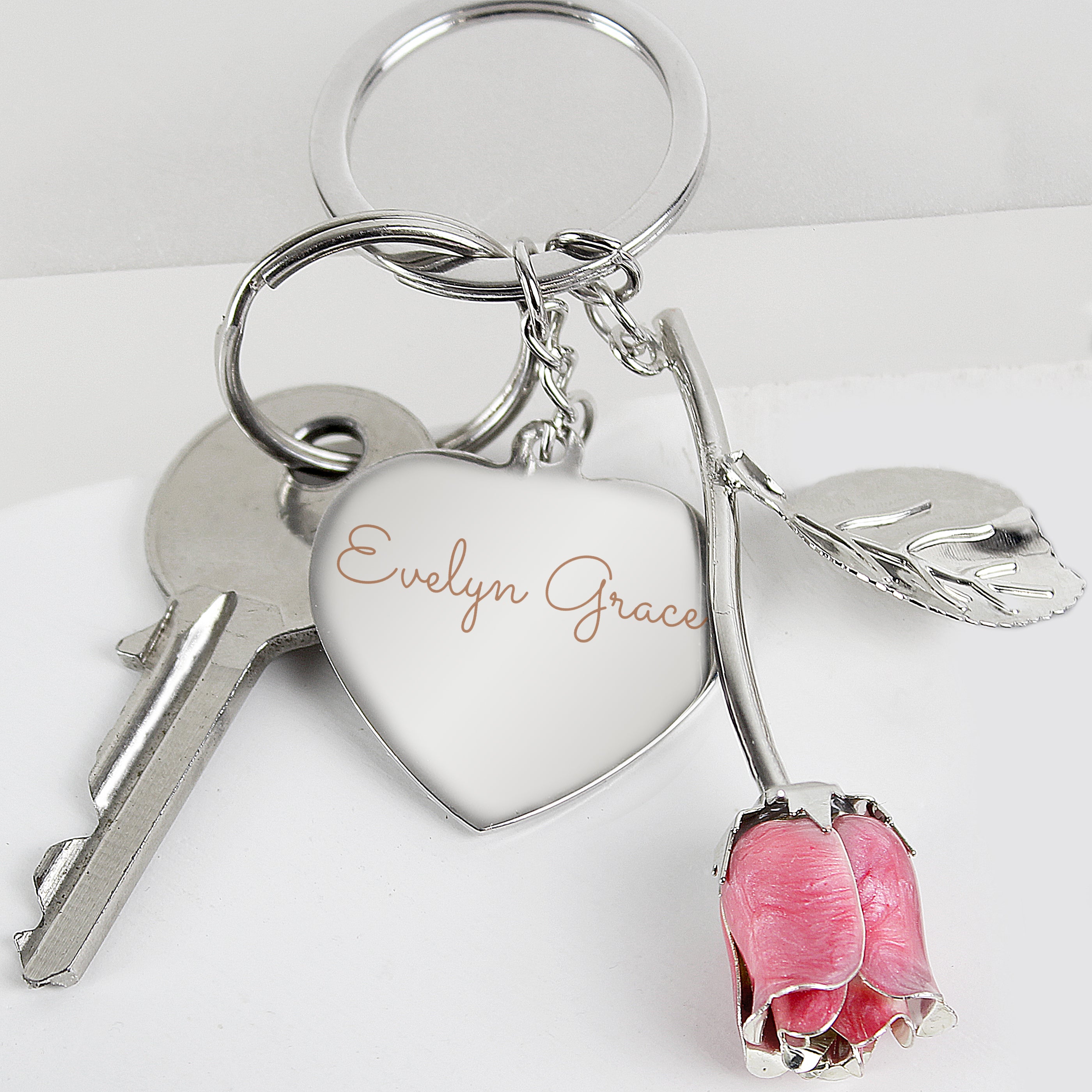 Personalised Silver Plated Name Pink Rose Keyring - gift & personalise