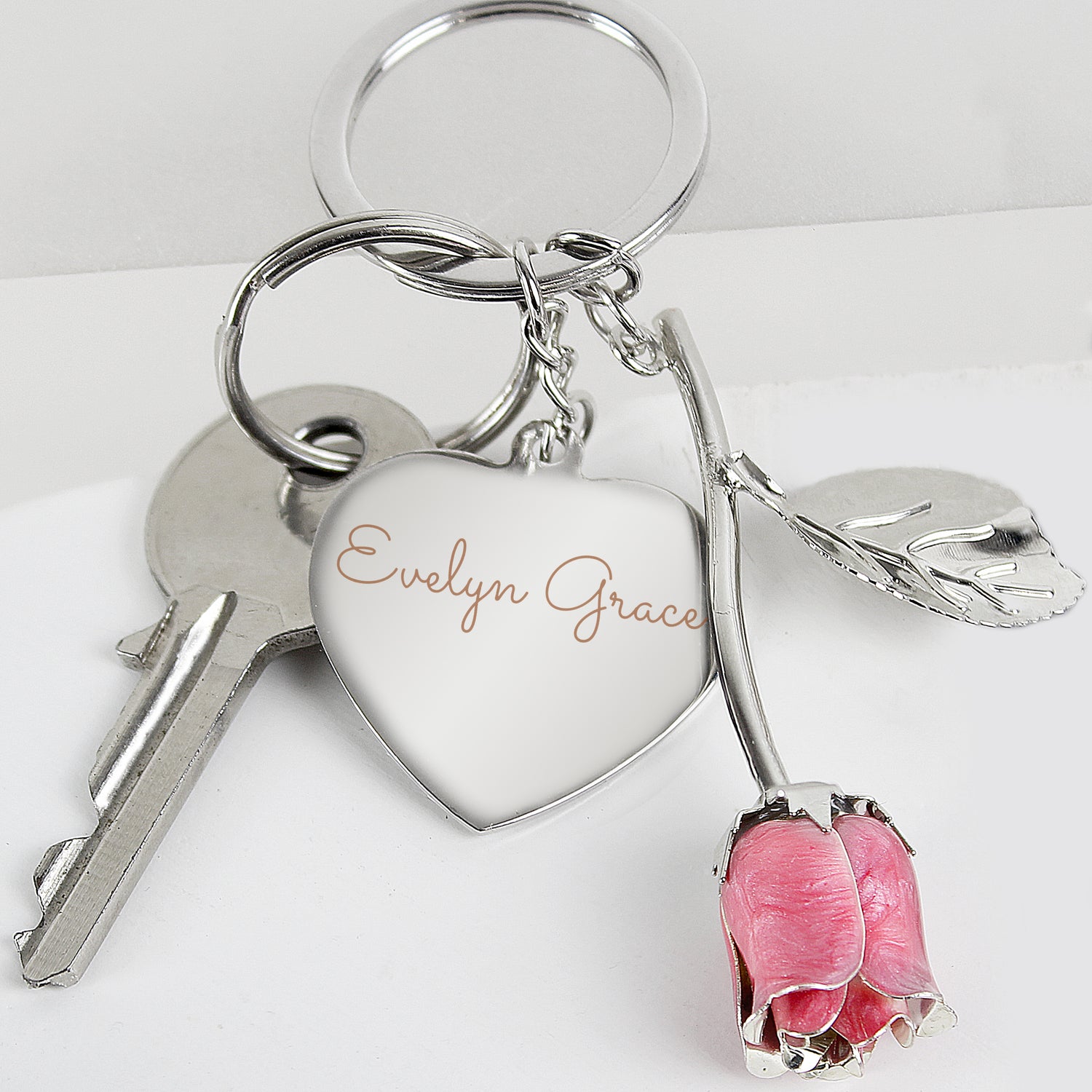 Personalised Silver Plated Name Pink Rose Keyring - gift & personalise