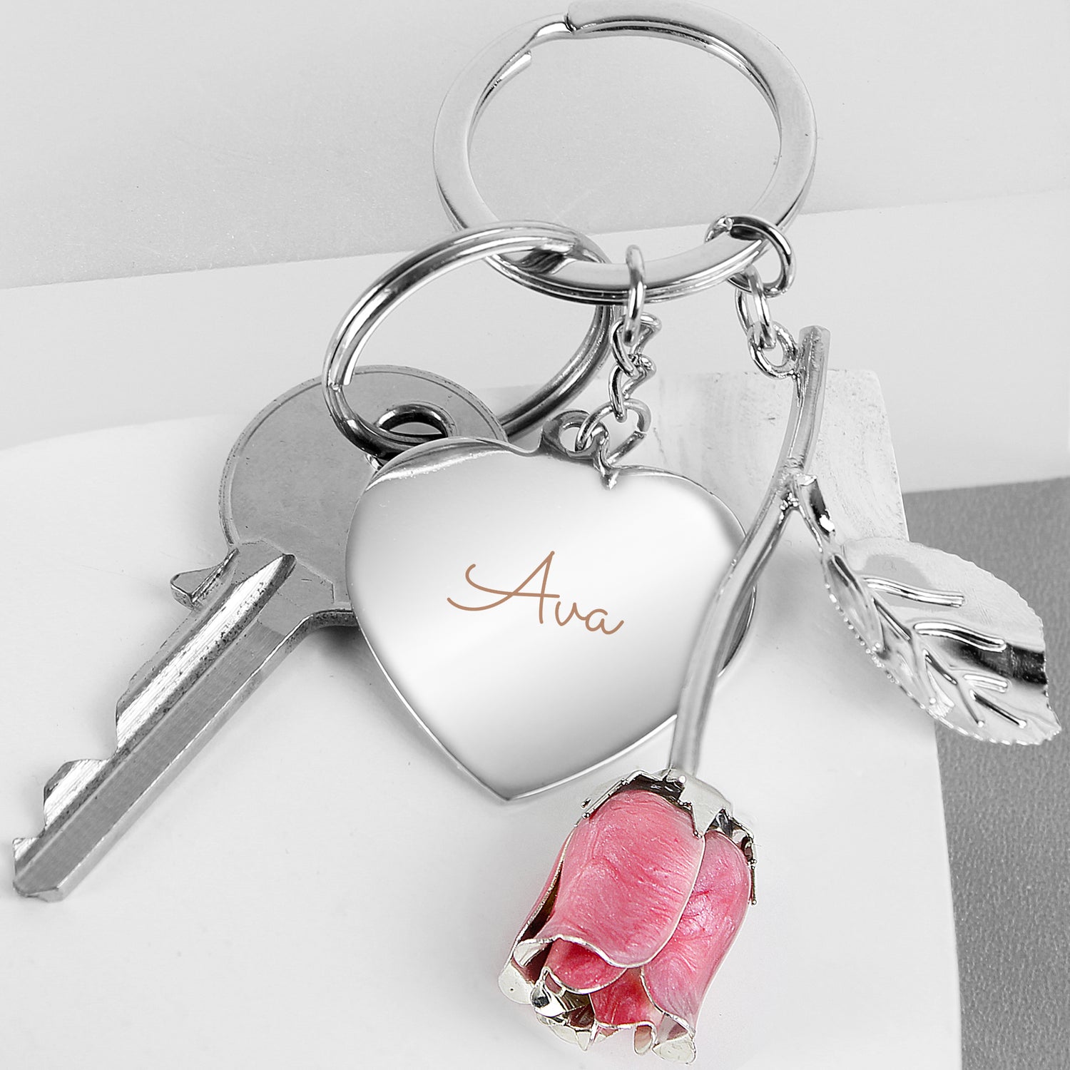 Personalised Silver Plated Name Pink Rose Keyring - gift & personalise