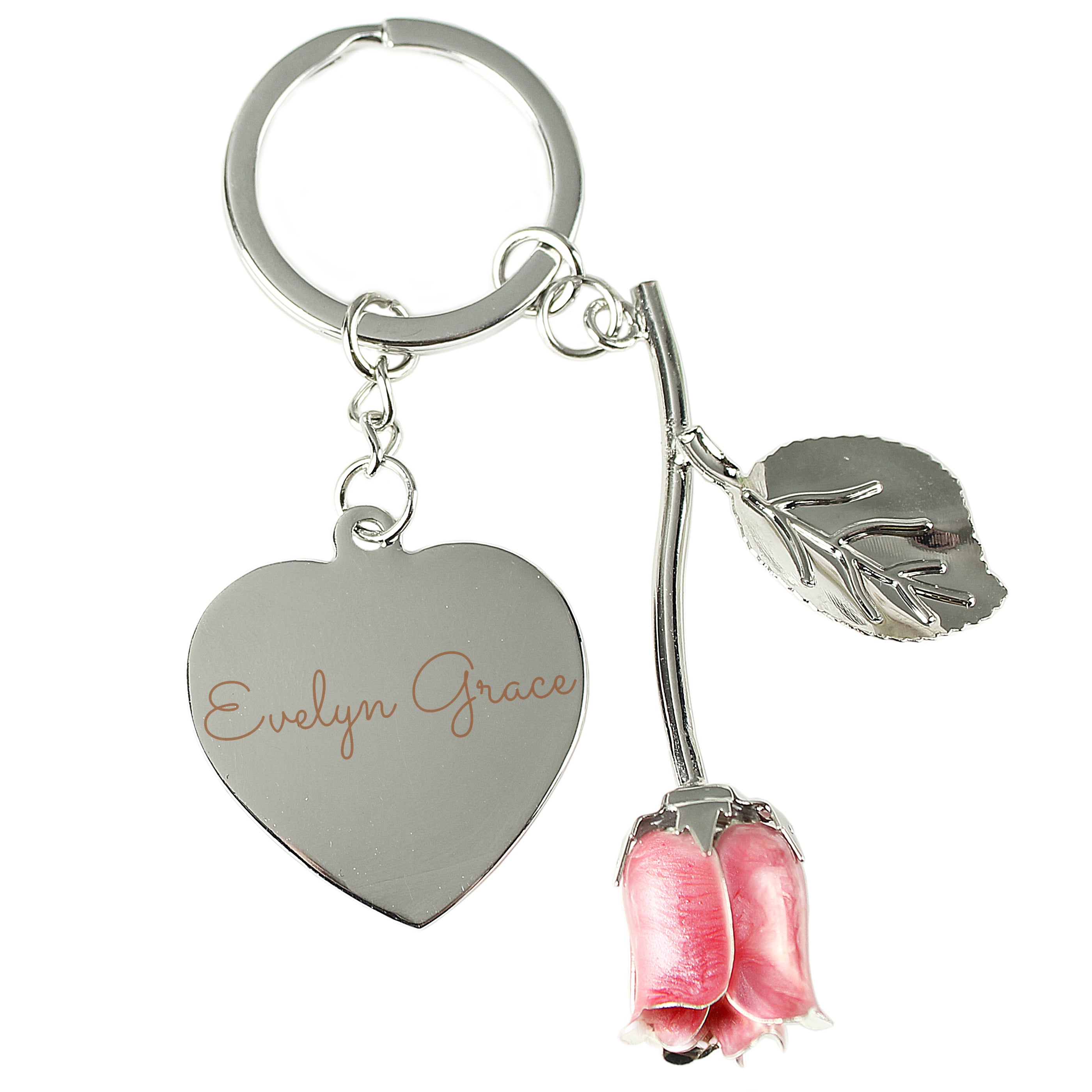 Personalised Silver Plated Name Pink Rose Keyring - gift & personalise