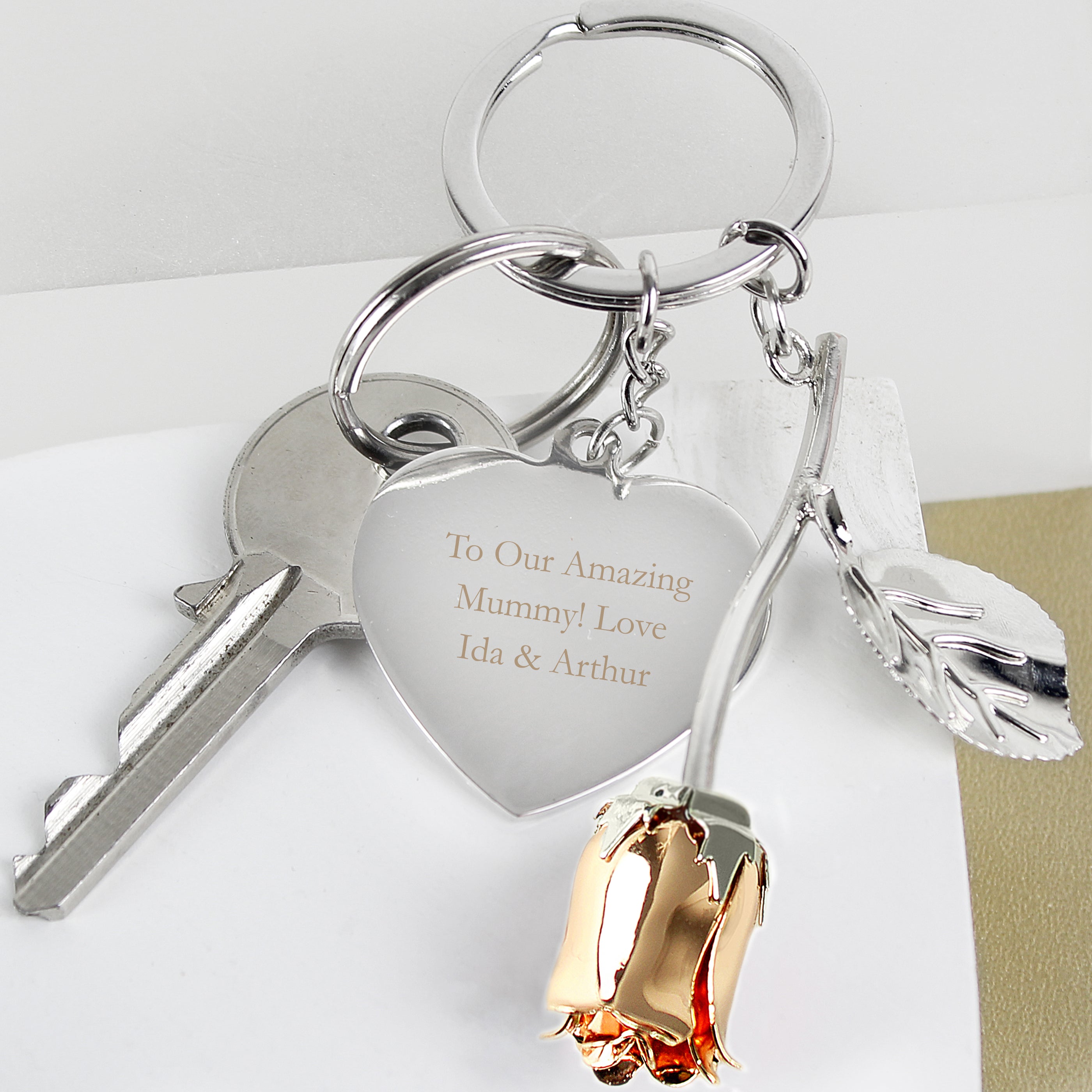 Personalised Silver Plated Rose Gold Rose Keyring - gift & personalise