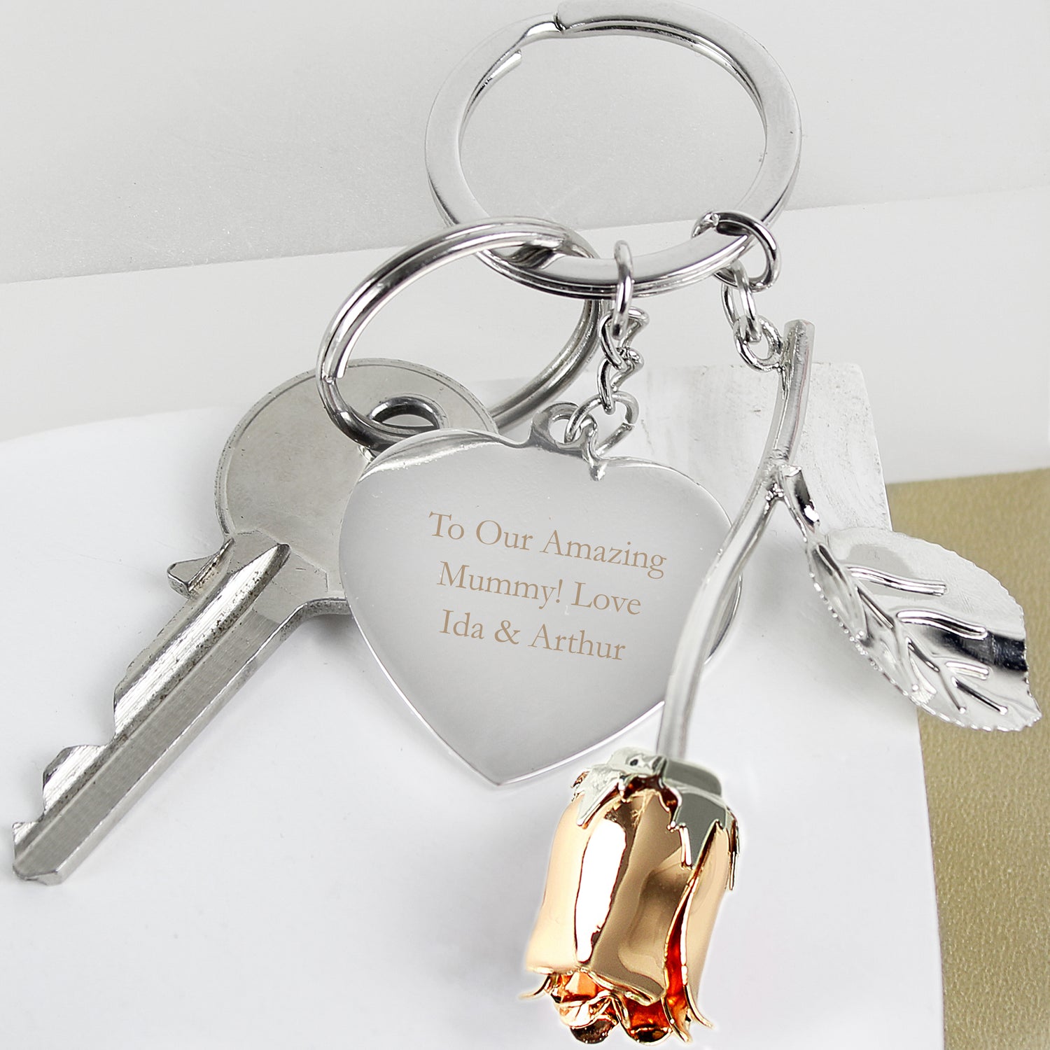 Personalised Silver Plated Rose Gold Rose Keyring - gift & personalise