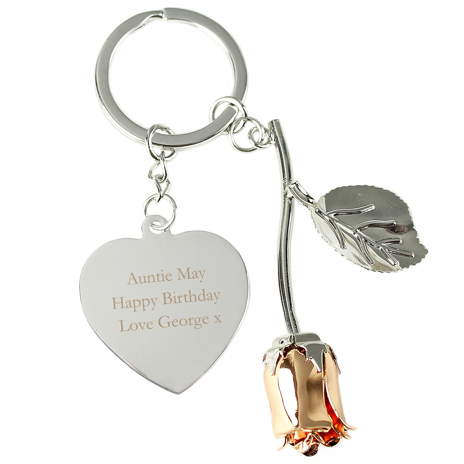 Personalised Silver Plated Rose Gold Rose Keyring - gift & personalise