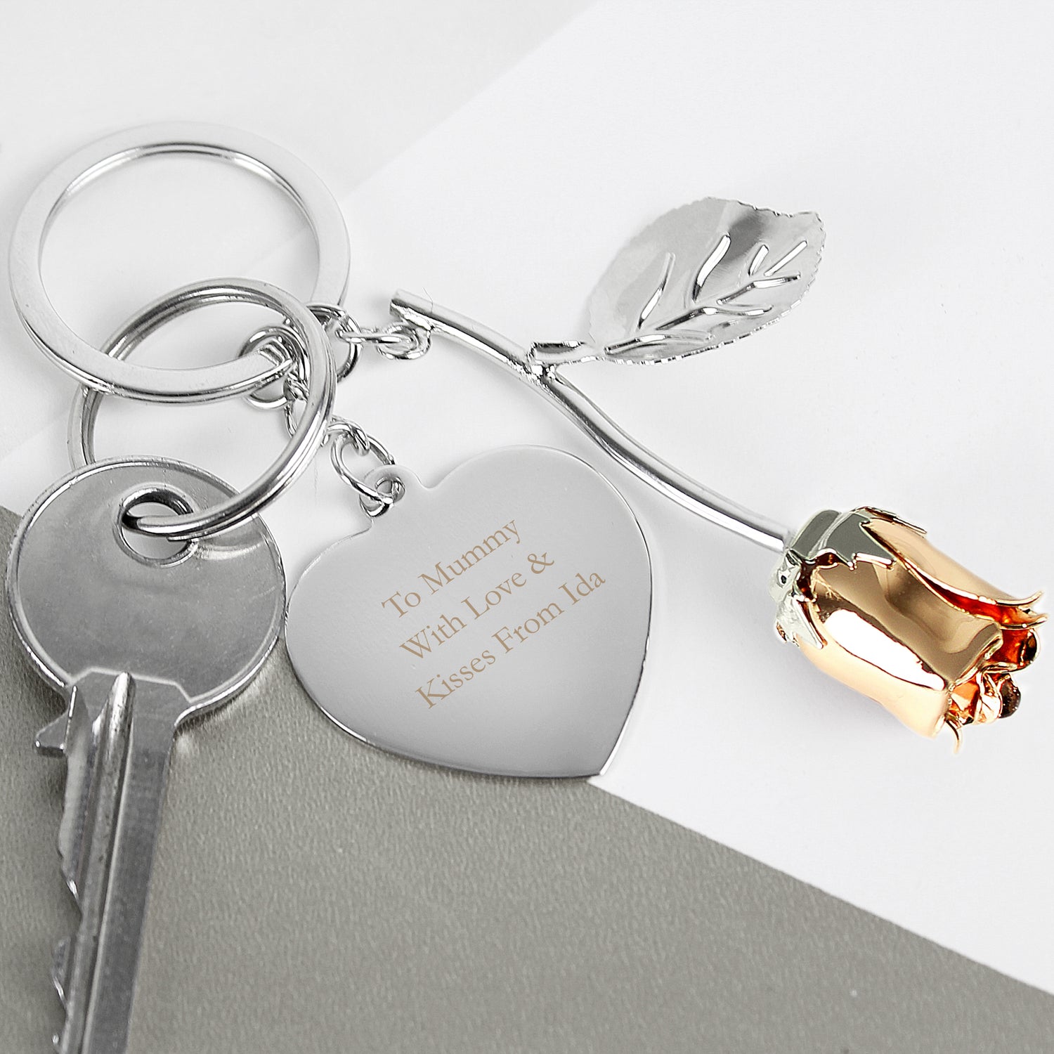 Personalised Silver Plated Rose Gold Rose Keyring - gift & personalise