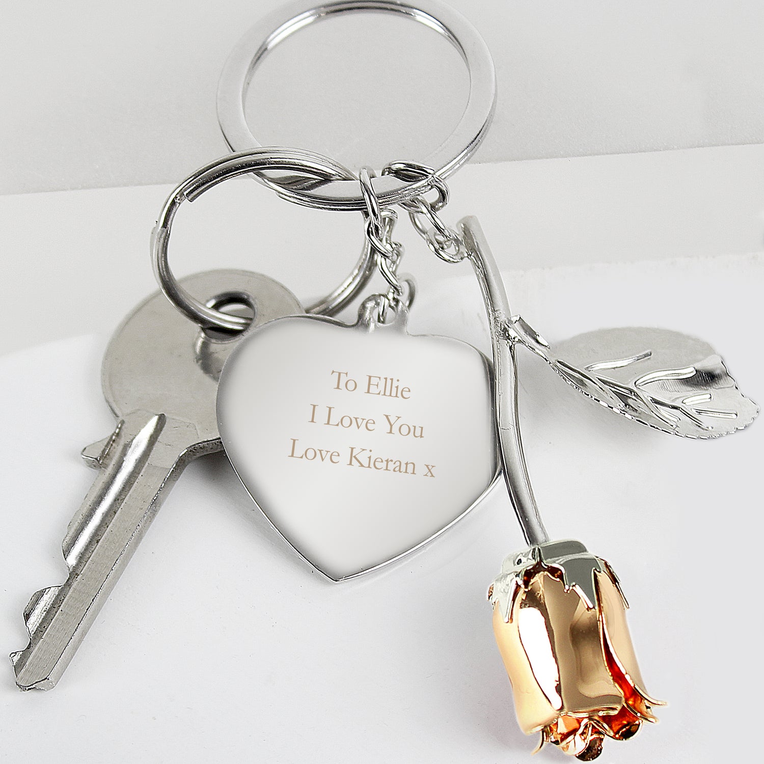 Personalised Silver Plated Rose Gold Rose Keyring - gift & personalise