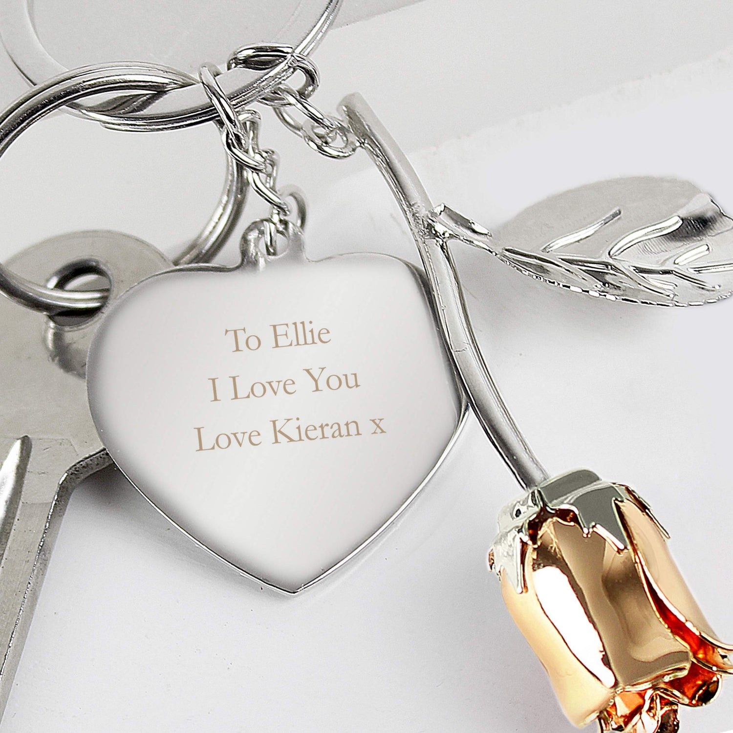 Personalised Silver Plated Rose Gold Rose Keyring - gift & personalise