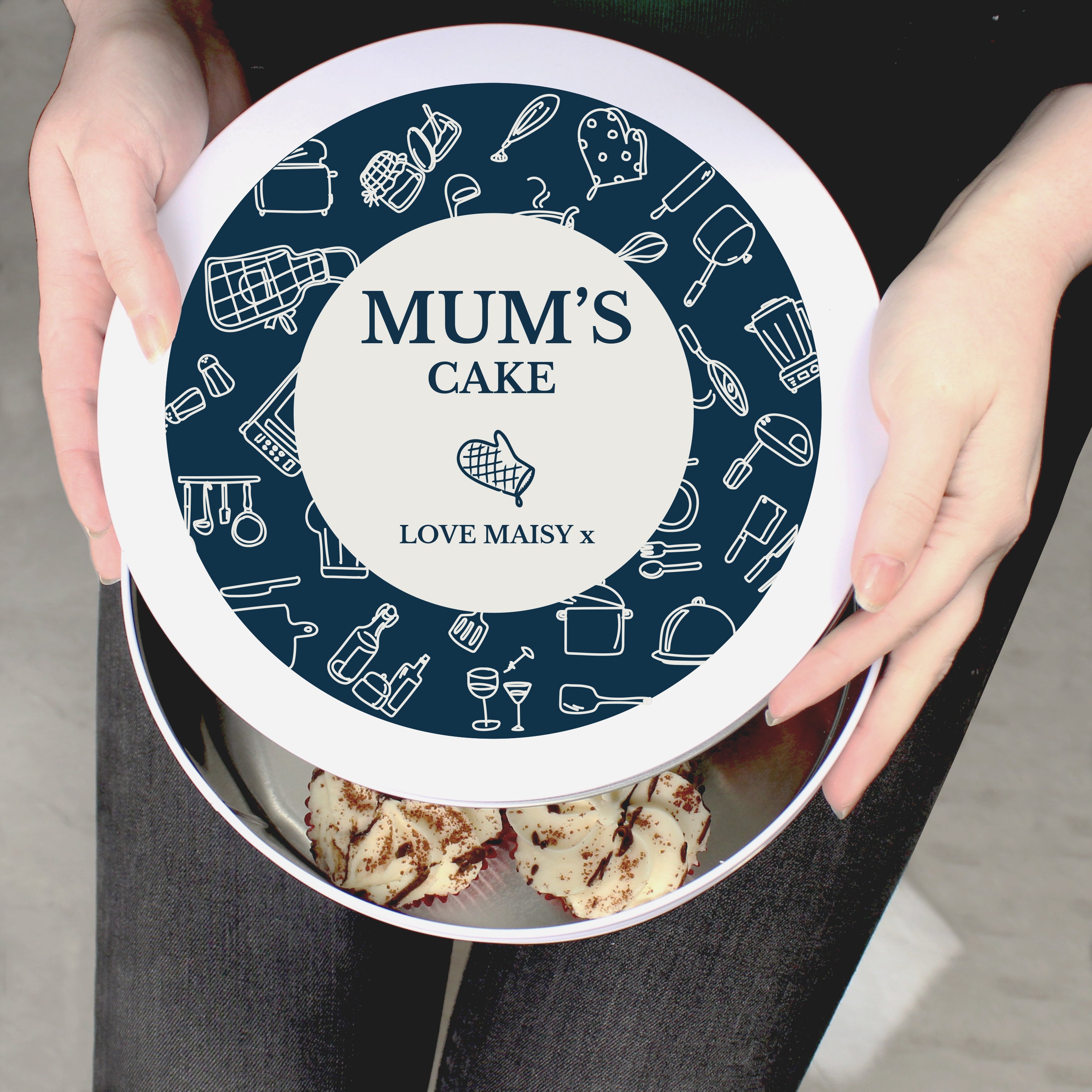 Personalised Navy Kitchen Design Cake Tin - gift & personalise