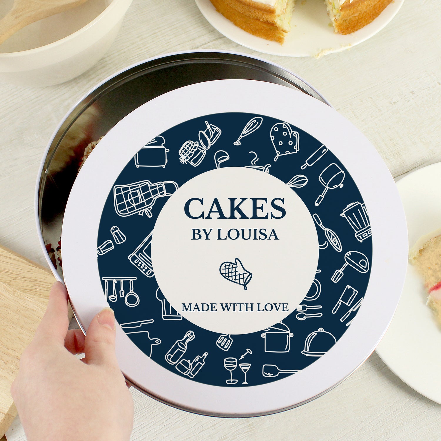 Personalised Navy Kitchen Design Cake Tin - gift & personalise