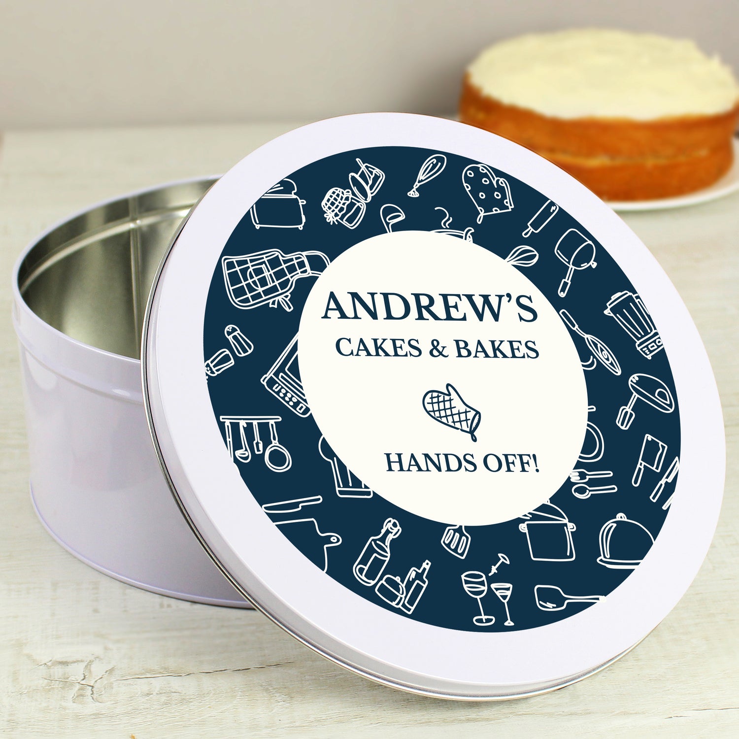 Personalised Navy Kitchen Design Cake Tin - gift & personalise