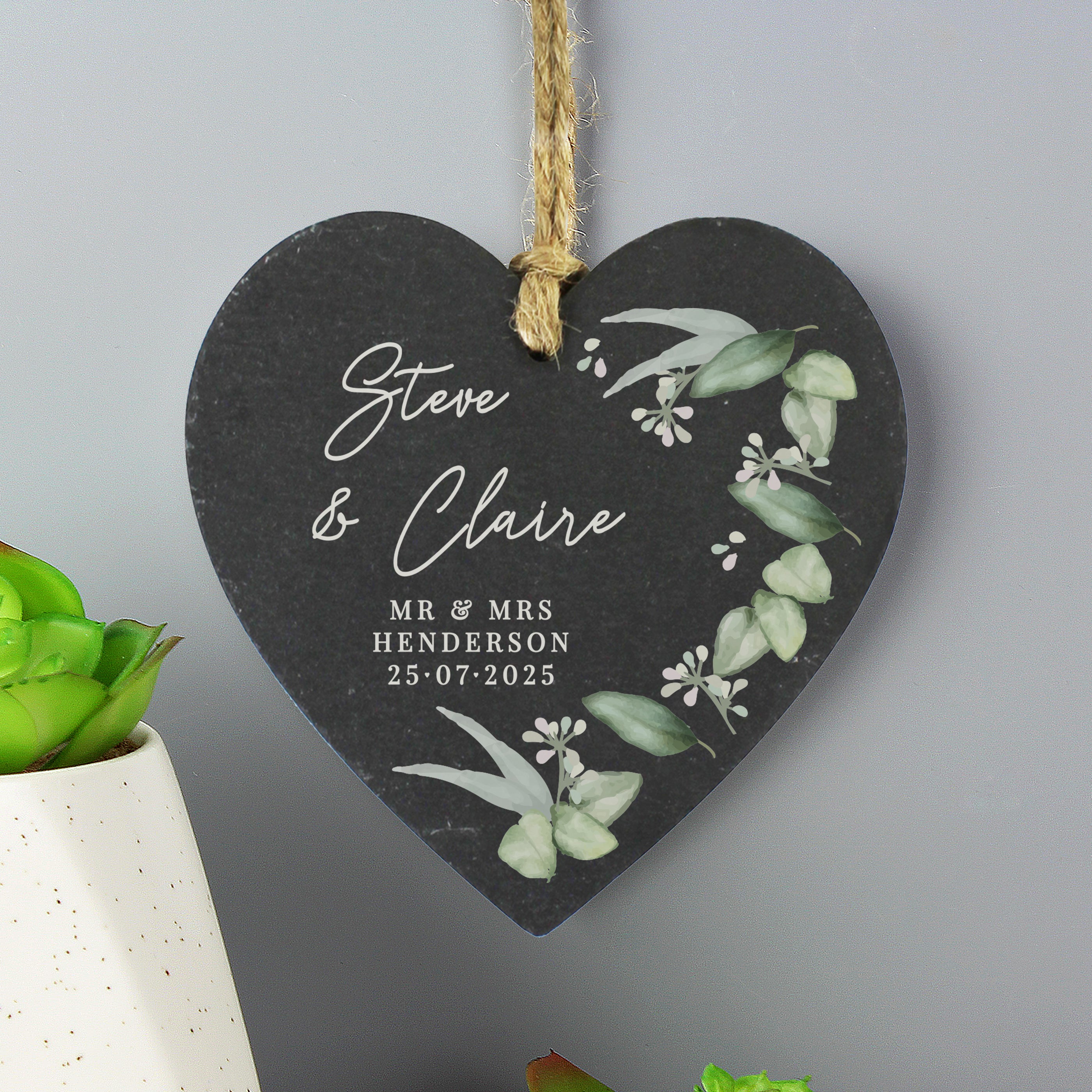 Personalised Botanical Slate Heart Decoration - gift & personalise