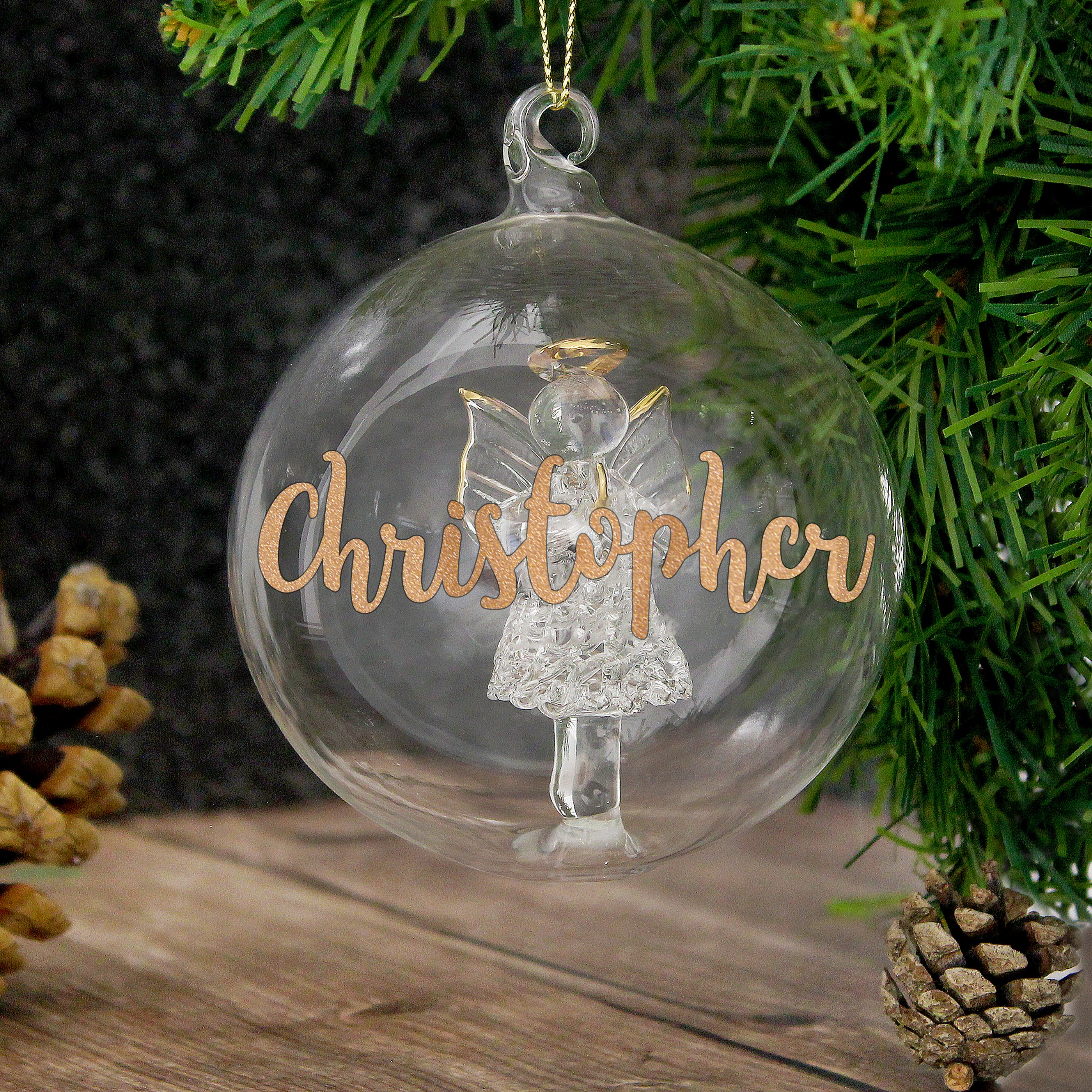 Personalised Gold Glitter Name Only Angel Glass Bauble - gift & personalise