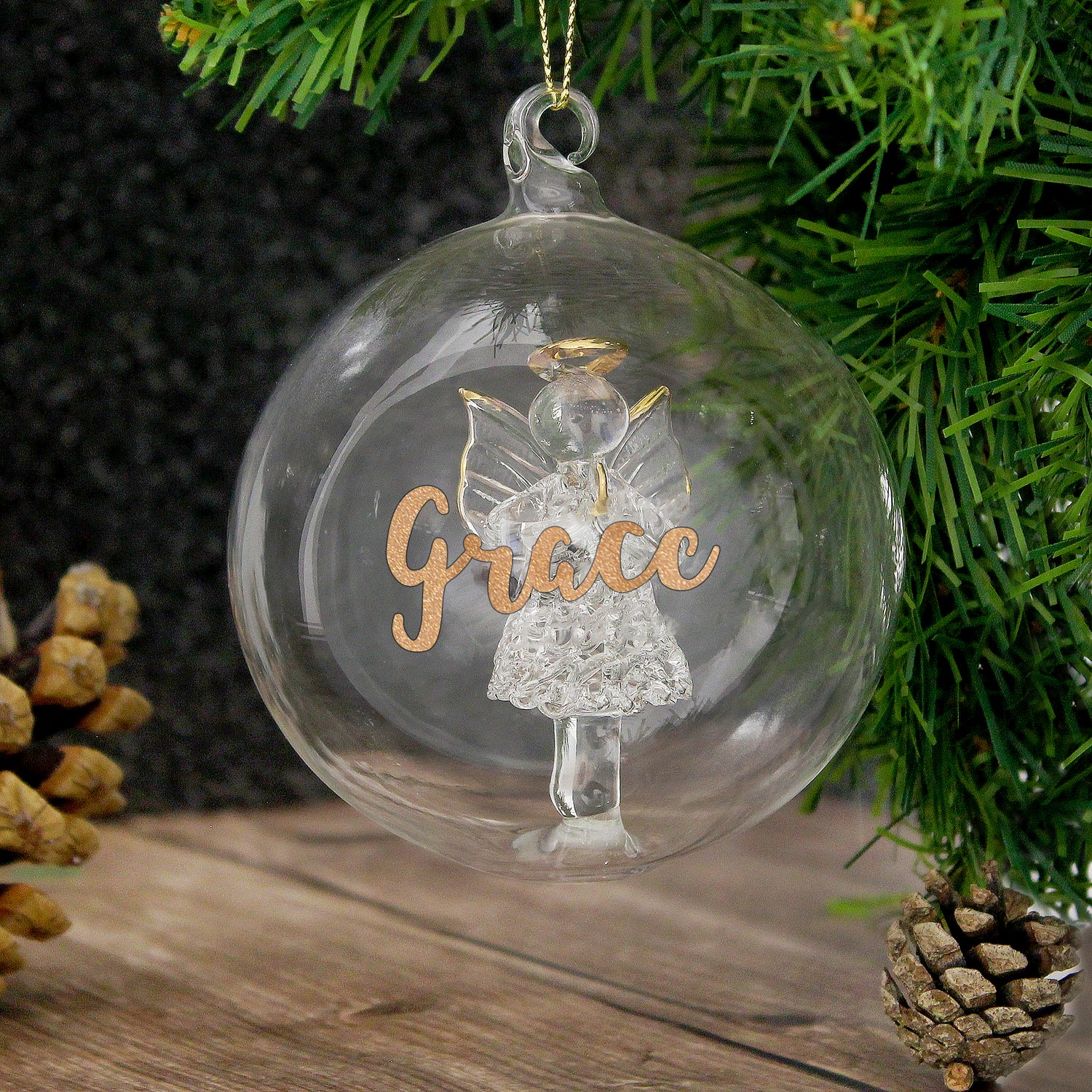 Personalised Gold Glitter Name Only Angel Glass Bauble - gift & personalise