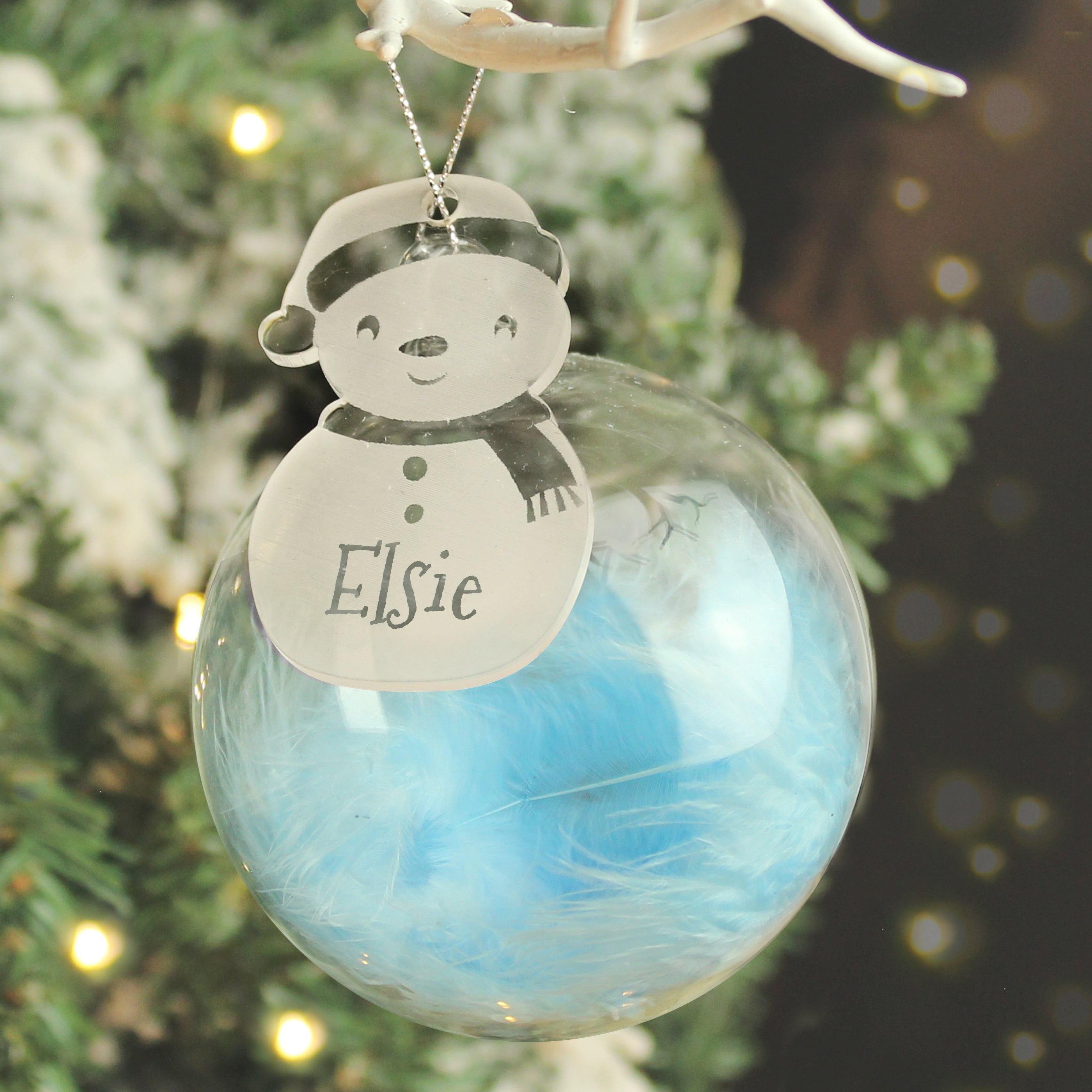 Personalised Snowman Acrylic Blue Feather Bauble - gift & personalise