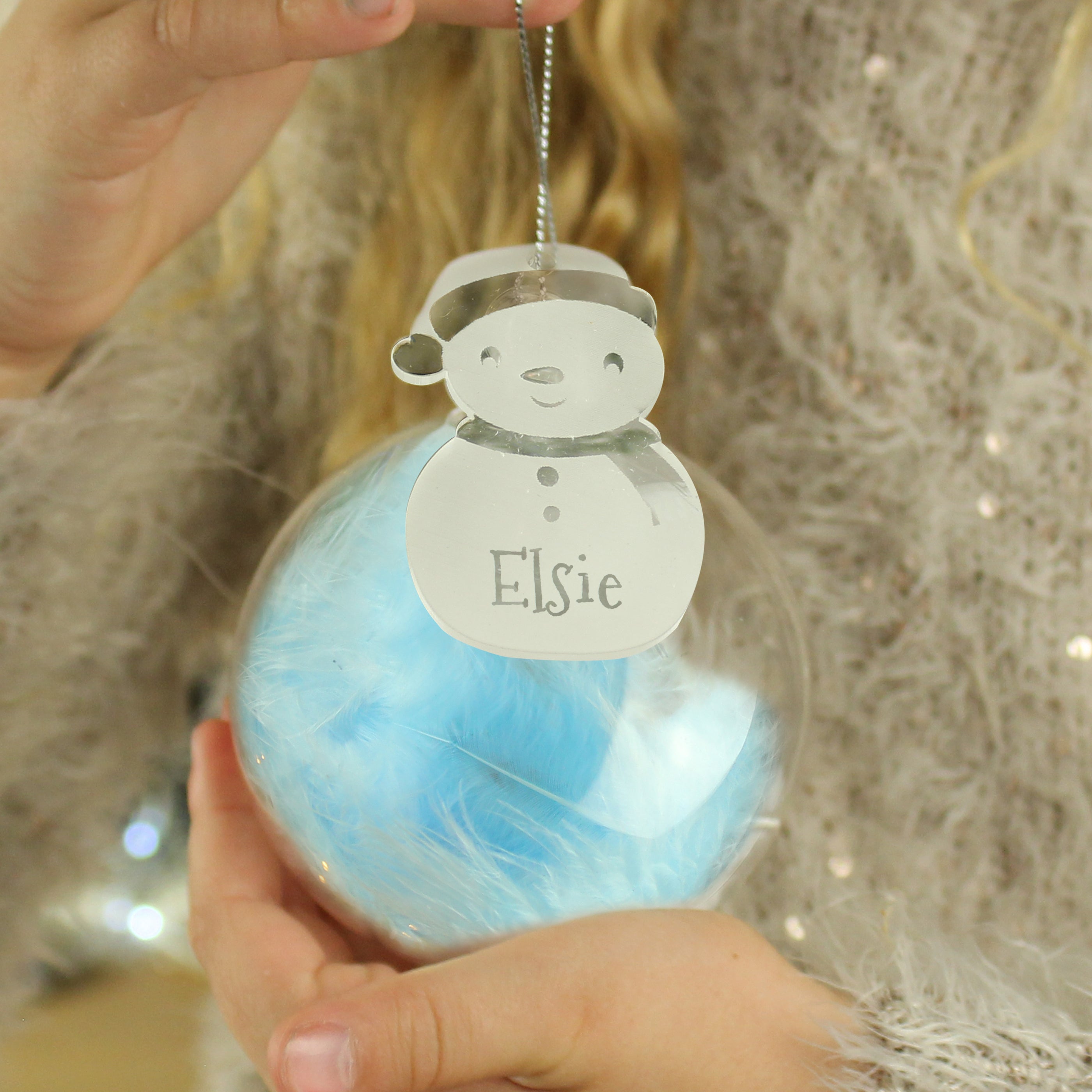 Personalised Snowman Acrylic Blue Feather Bauble - gift & personalise