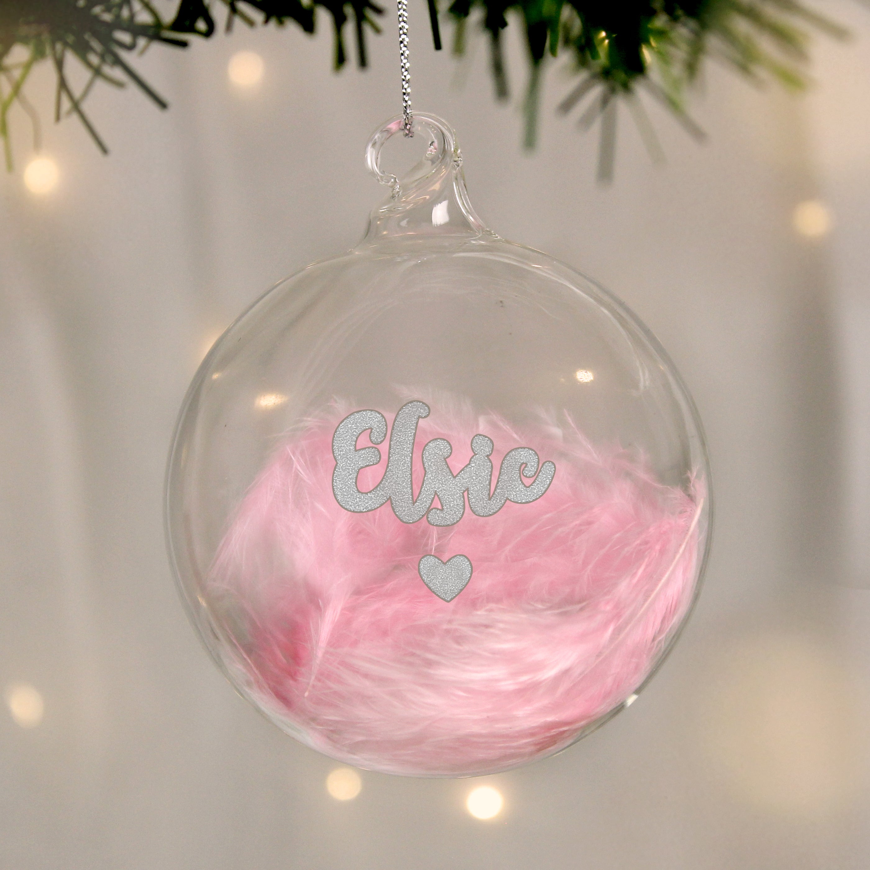 Personalised Pink Feather Silver Heart Glass Bauble - gift & personalise