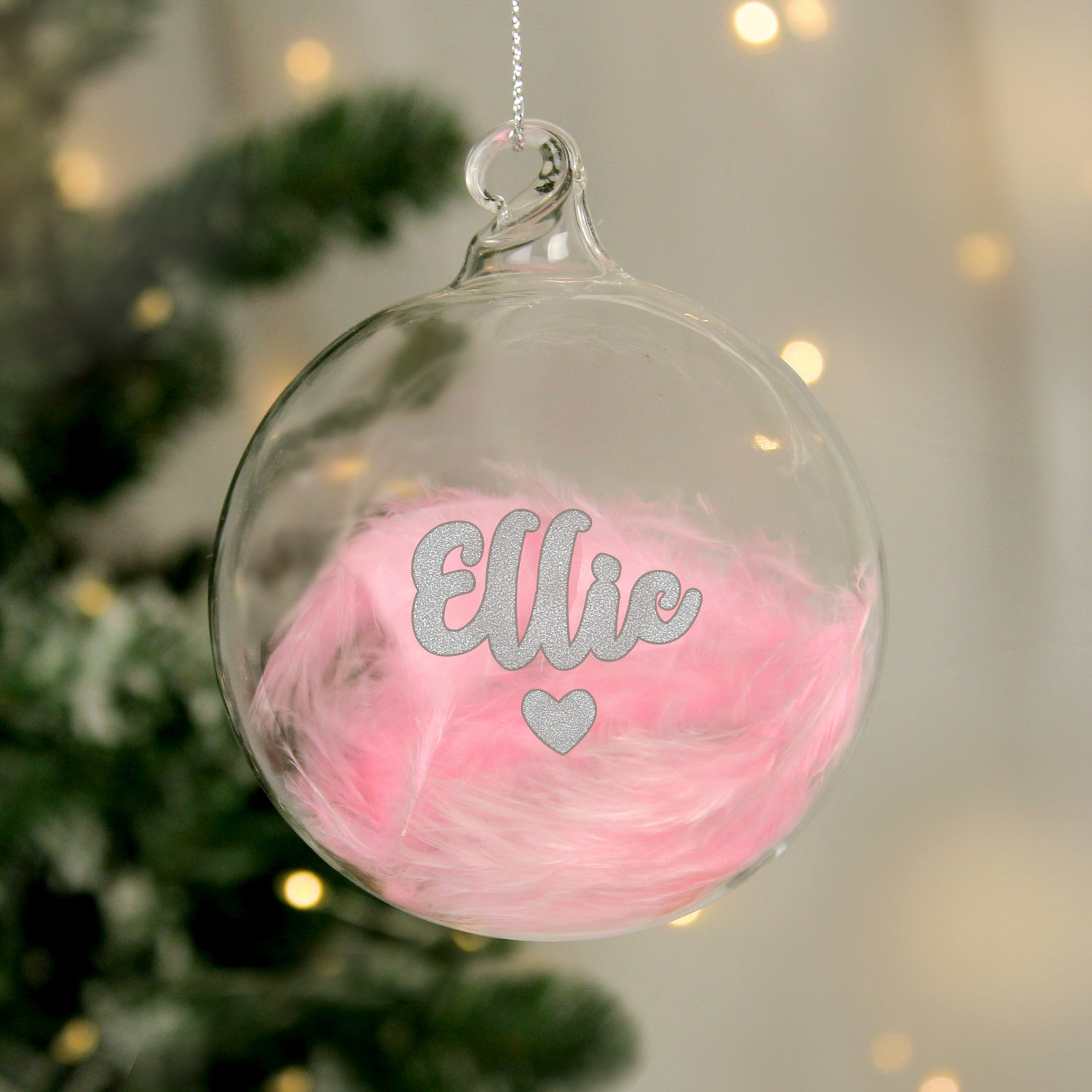 Personalised Pink Feather Silver Heart Glass Bauble - gift & personalise