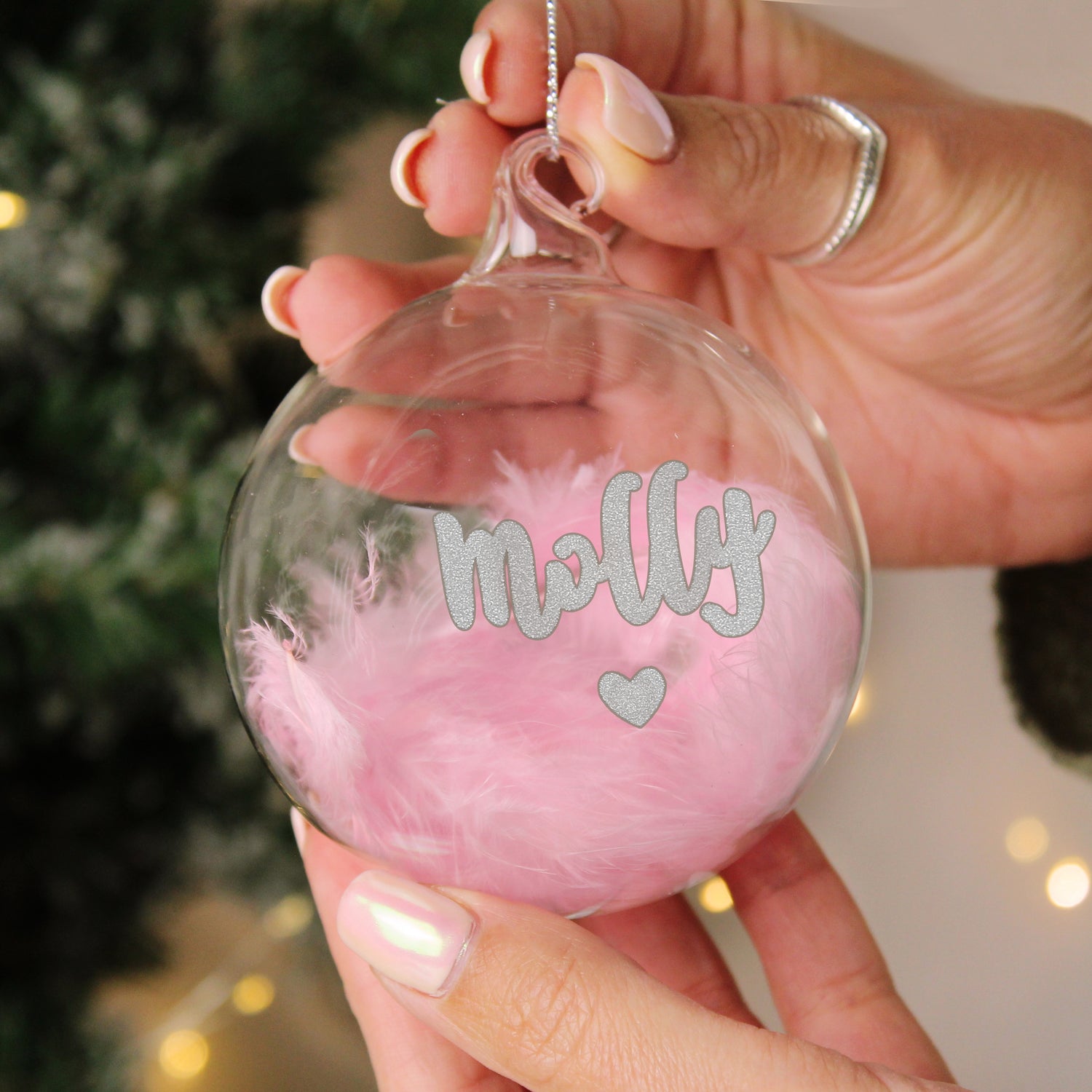 Personalised Pink Feather Silver Heart Glass Bauble - gift & personalise