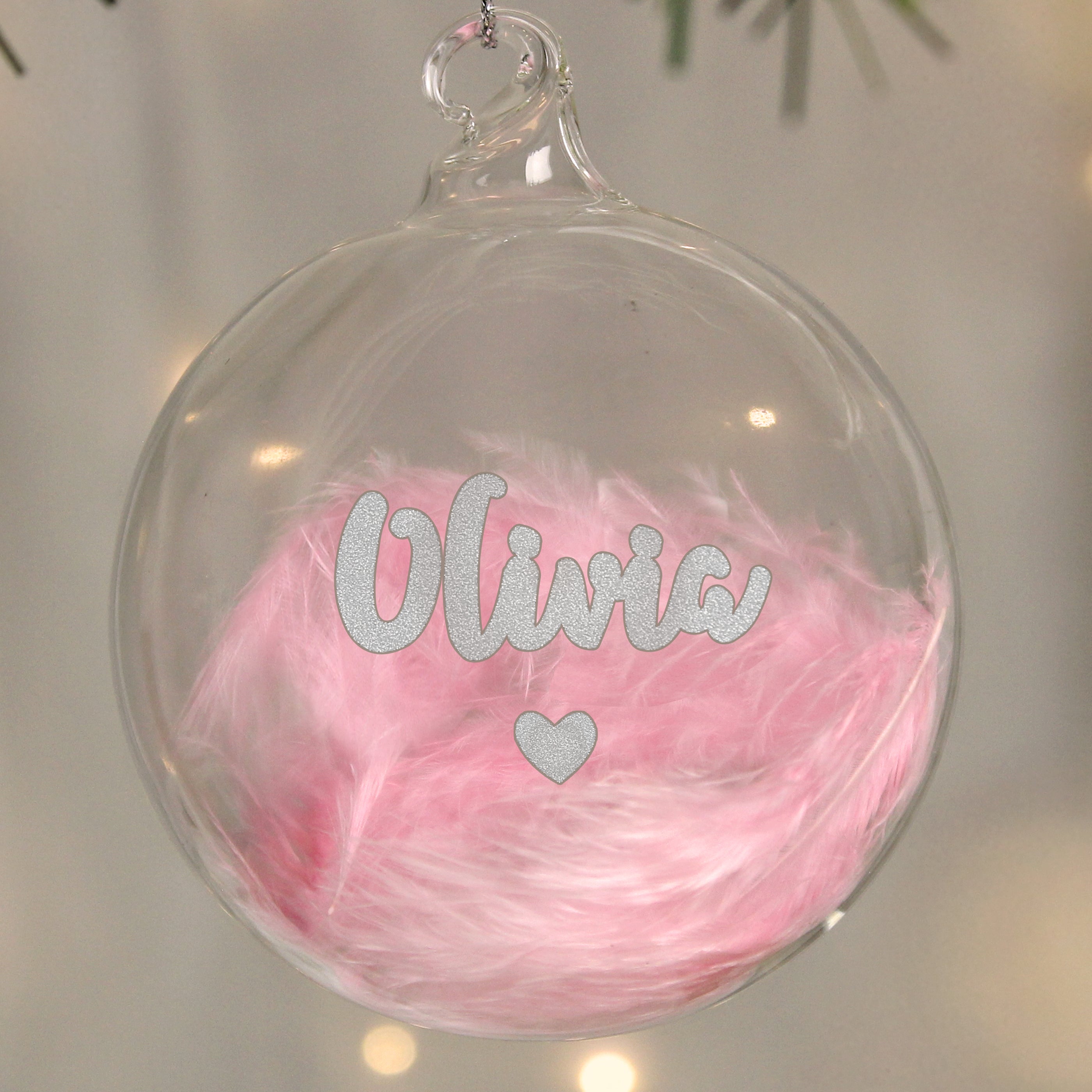 Personalised Pink Feather Silver Heart Glass Bauble - gift & personalise