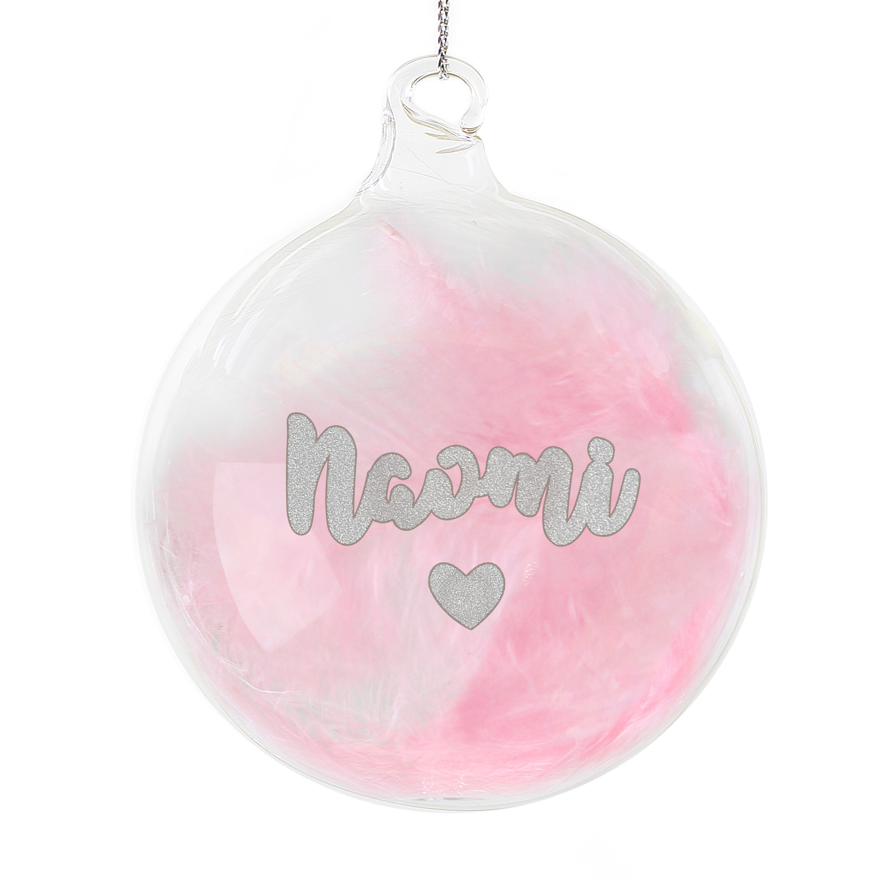 Personalised Pink Feather Silver Heart Glass Bauble - gift & personalise