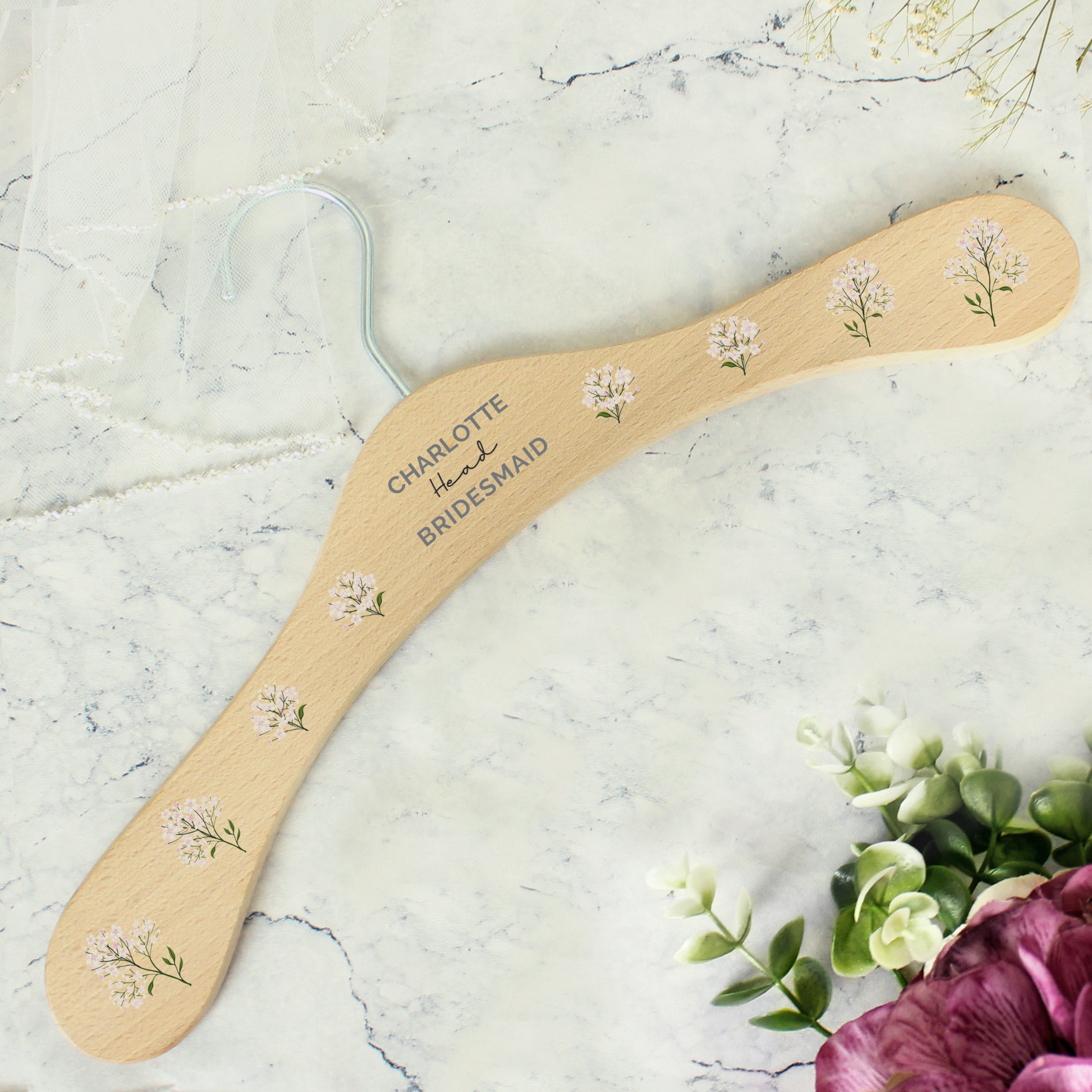 Personalised White Floral Wooden Hanger - gift & personalise