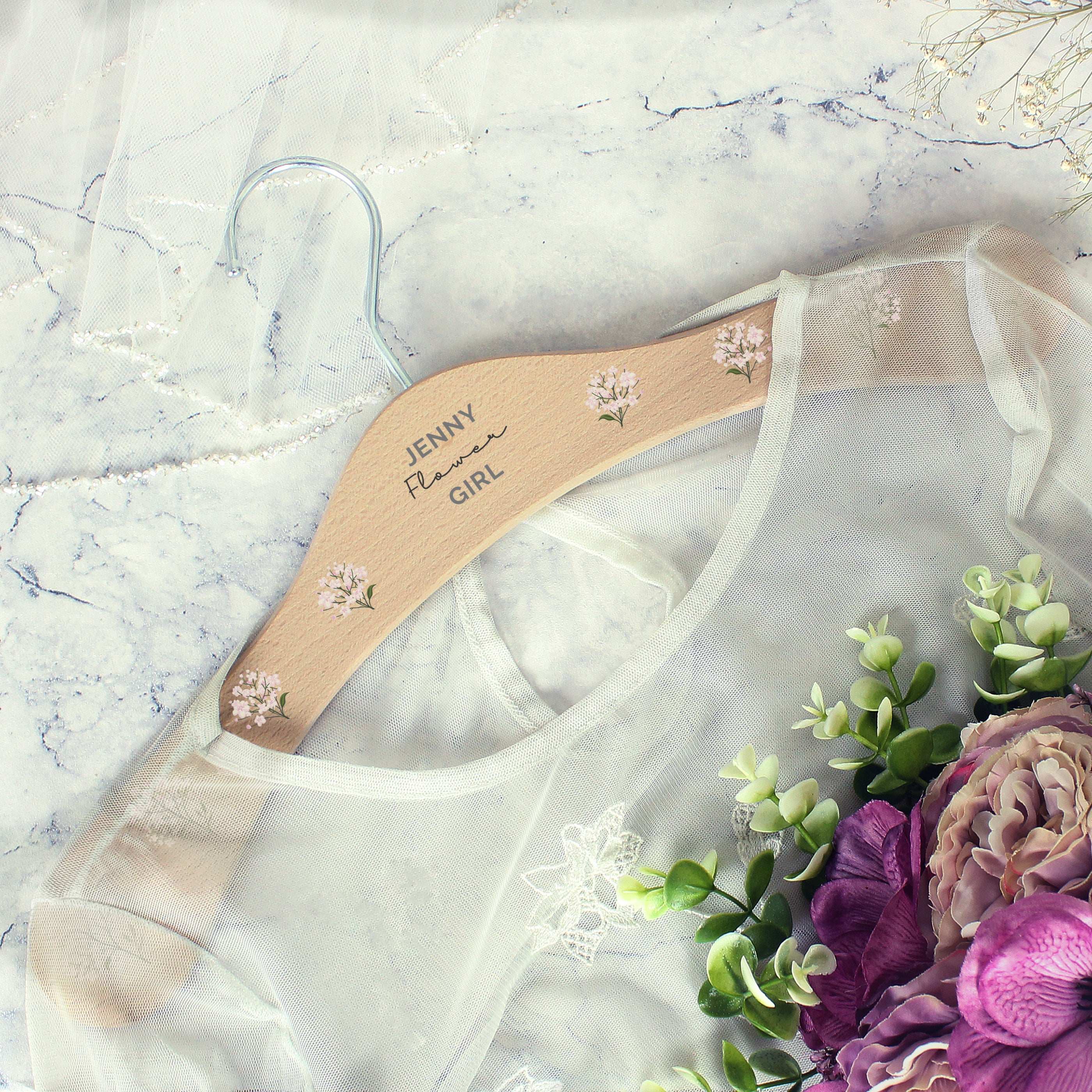 Personalised White Floral Wooden Hanger - gift & personalise