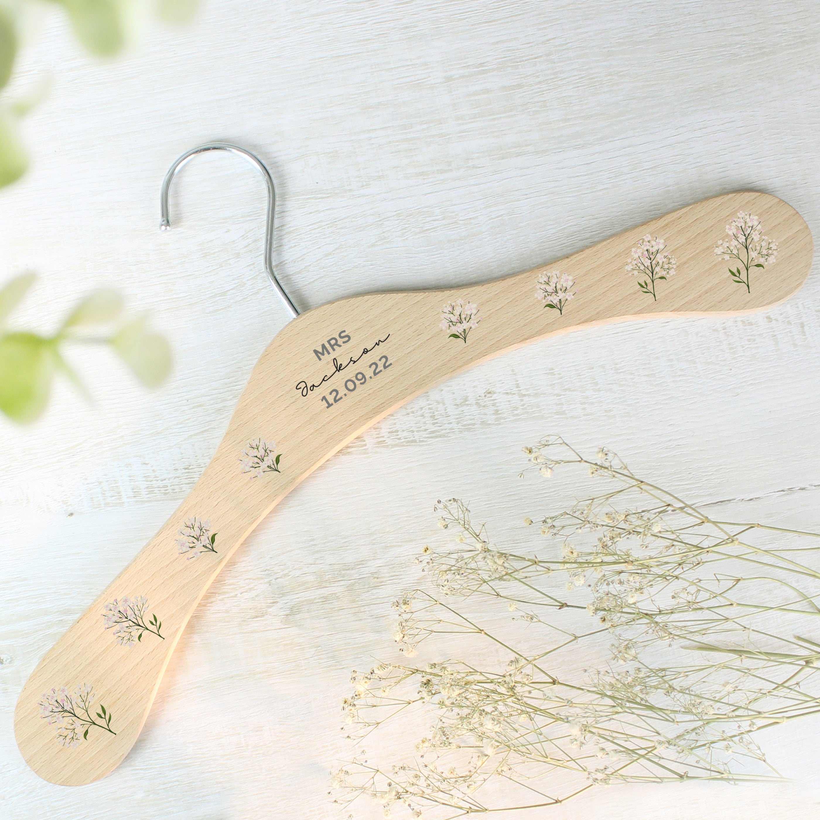 Personalised White Floral Wooden Hanger - gift & personalise