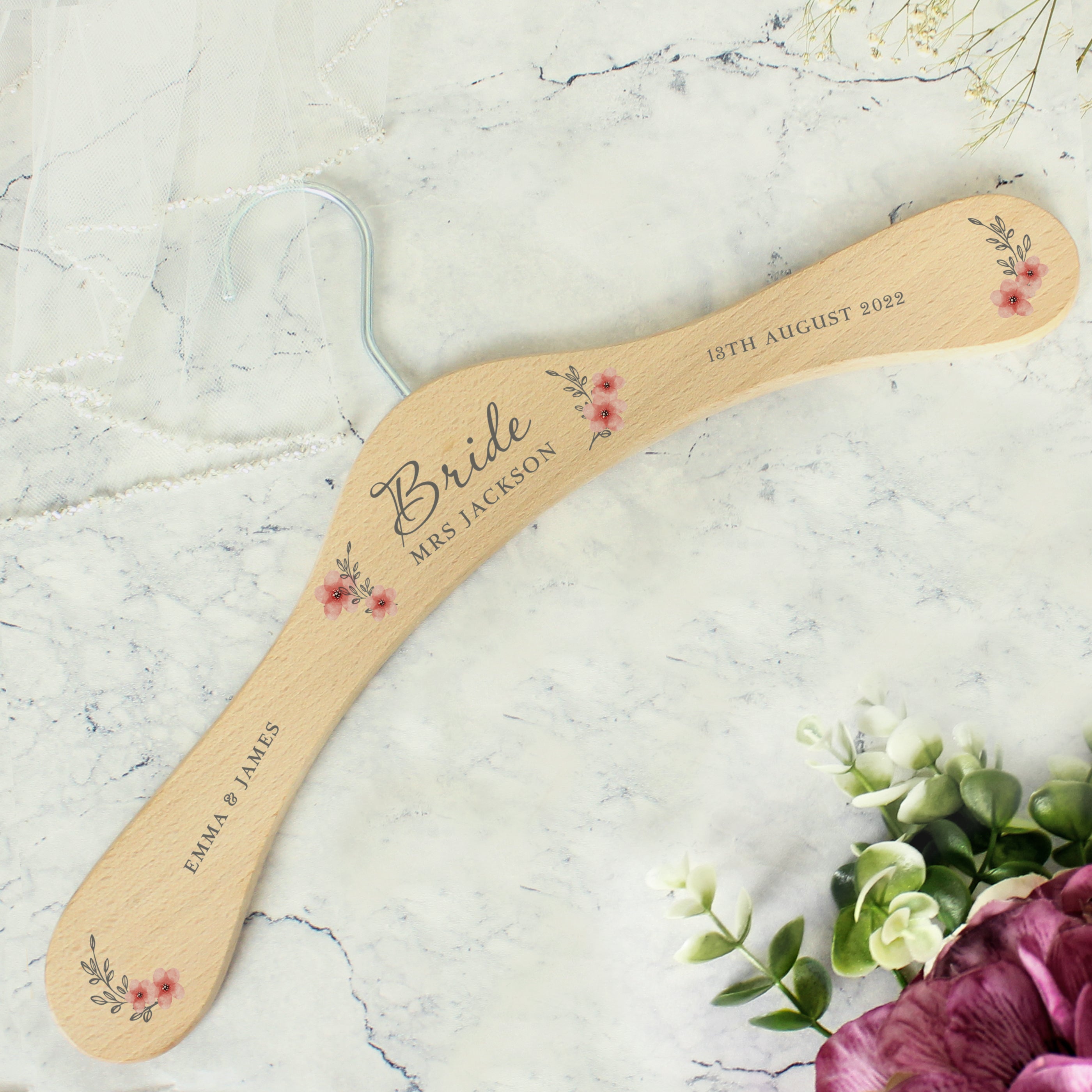 Personalised Pink Floral Wooden Hanger - gift & personalise