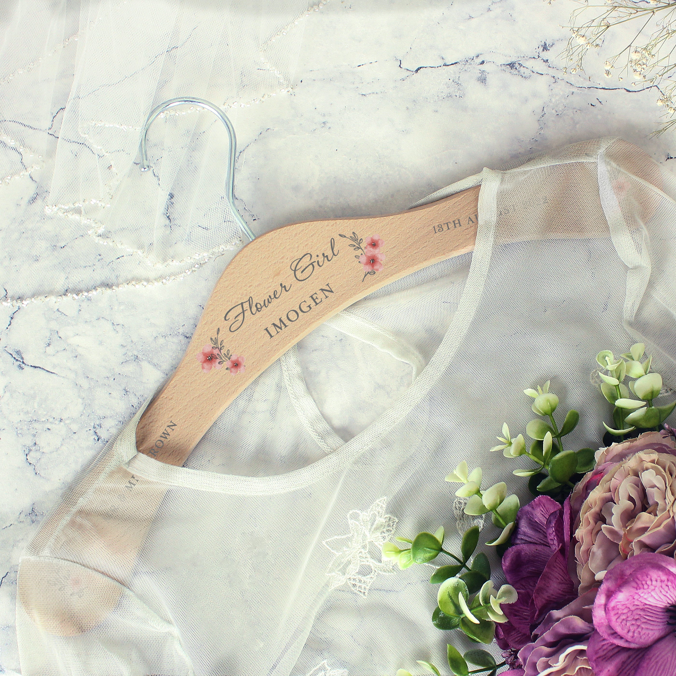 Personalised Pink Floral Wooden Hanger - gift & personalise