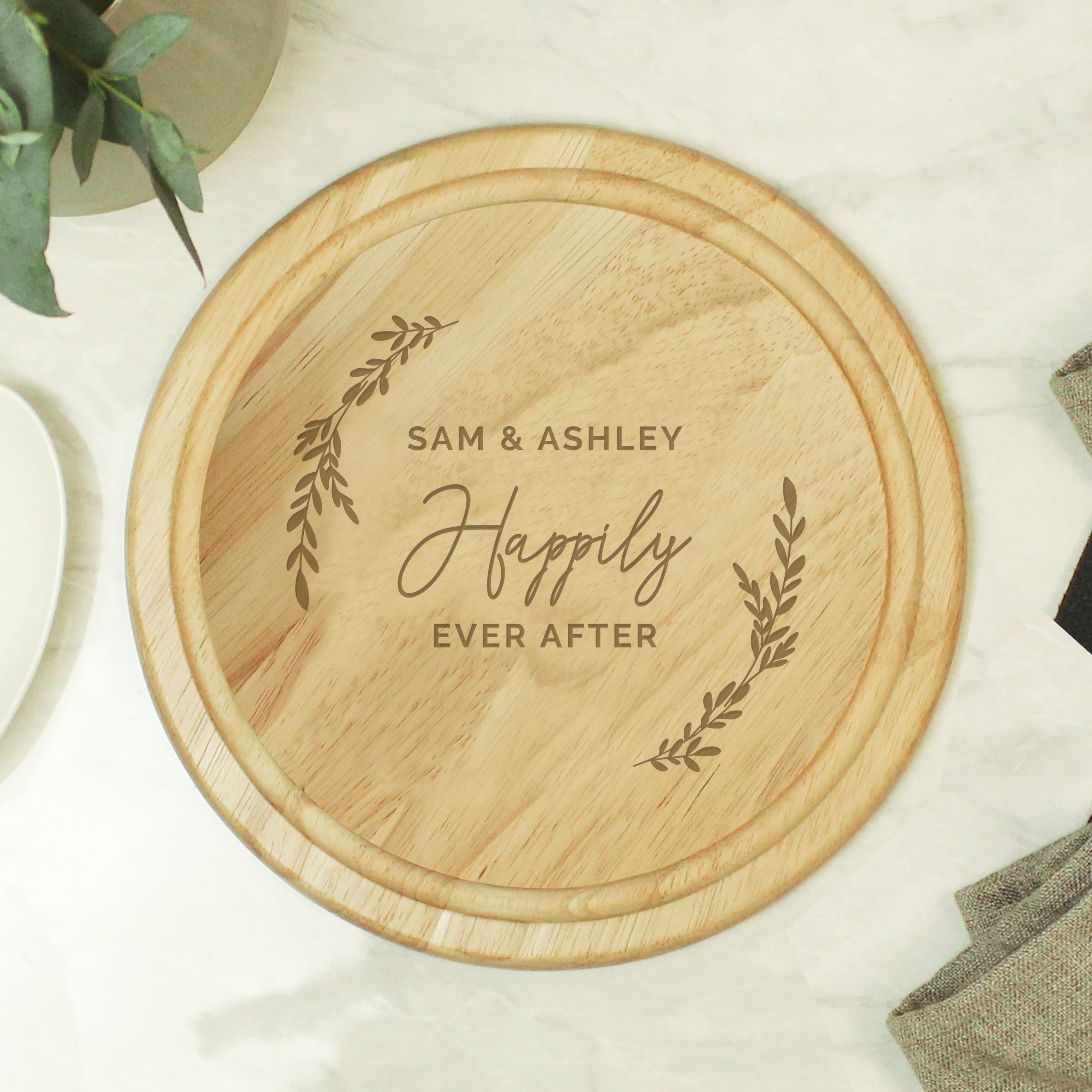 Personalised Laurel Round Wooden Chopping Board - gift & personalise