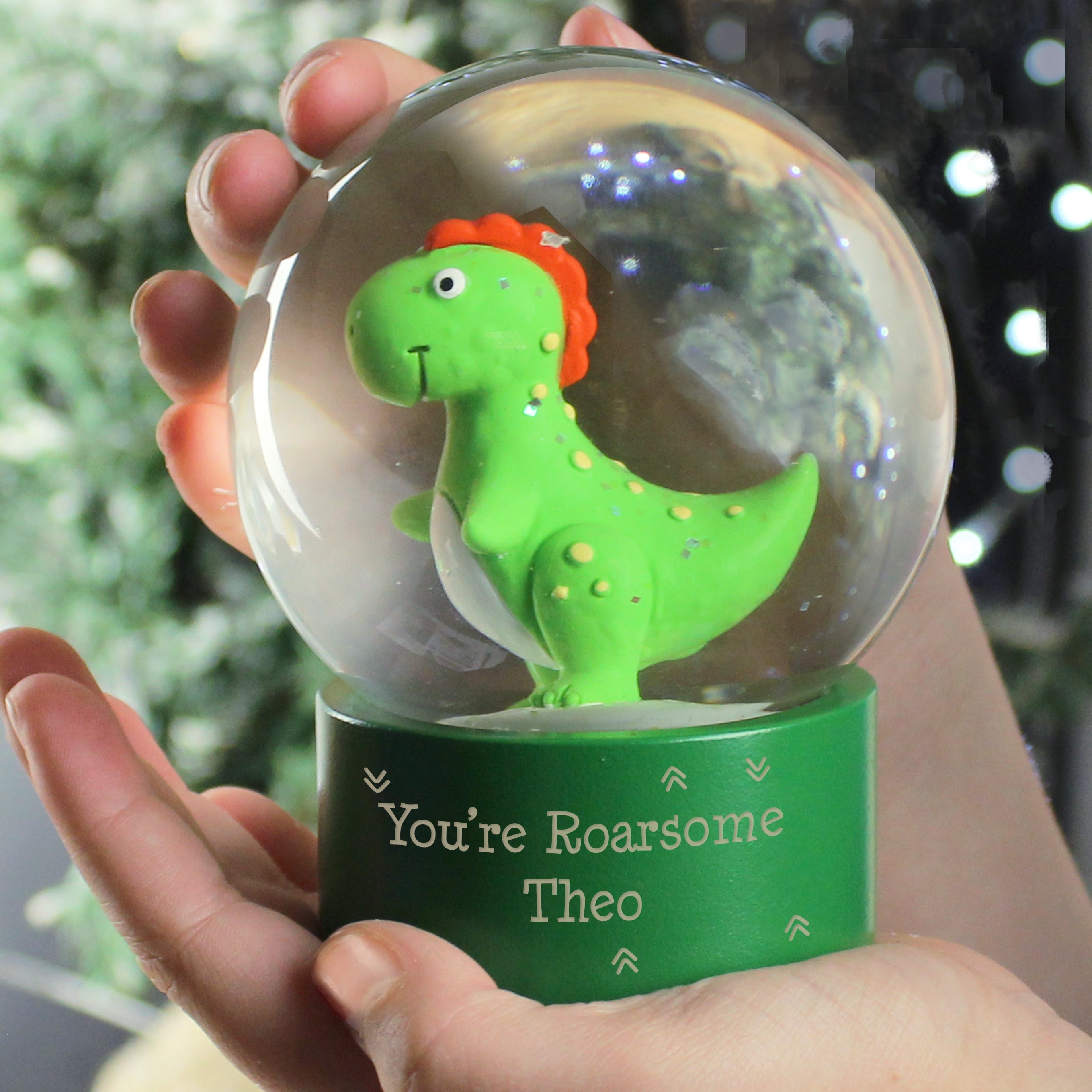 Personalised Message Dinosaur Glitter Snow Globe - gift & personalise