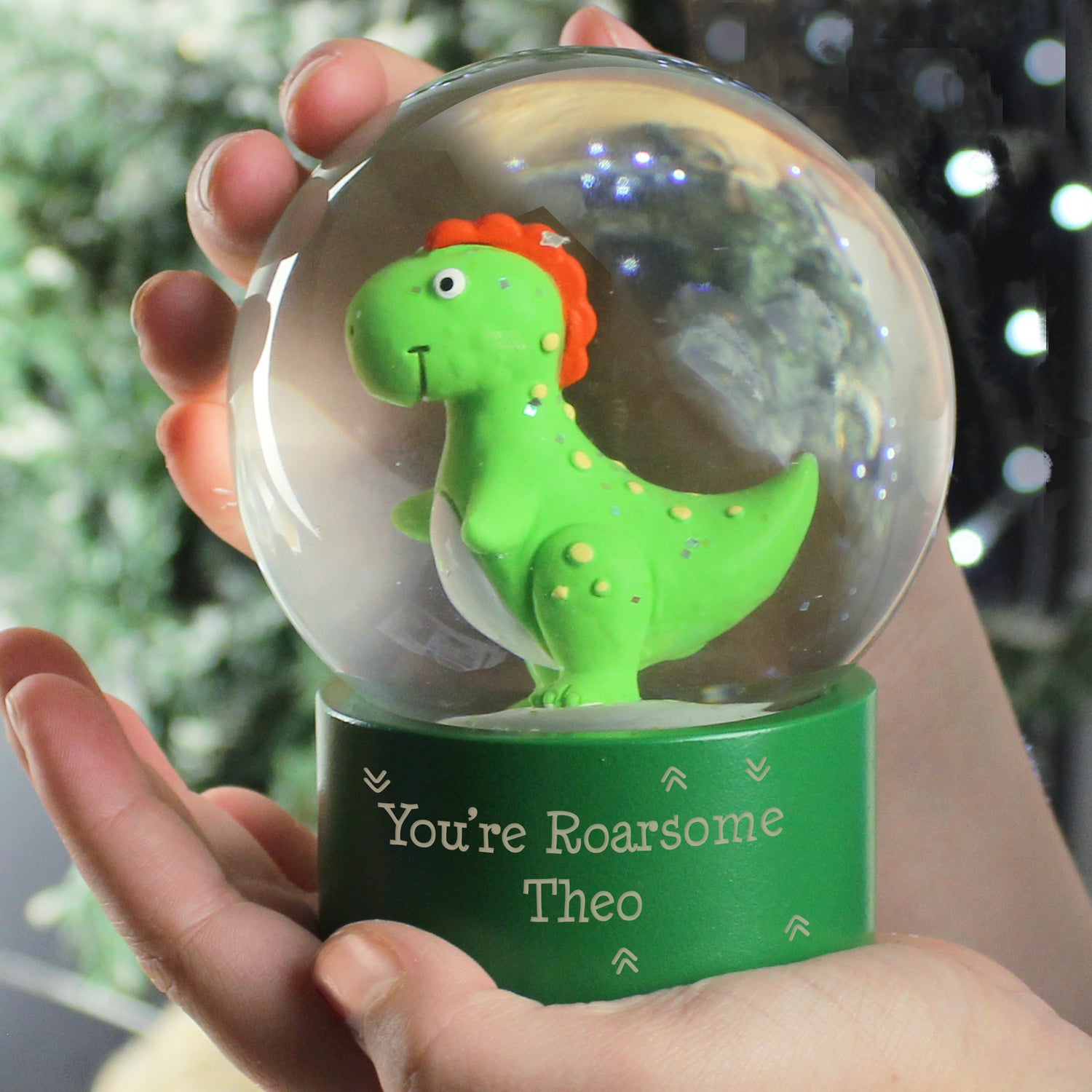 Personalised Message Dinosaur Glitter Snow Globe - gift & personalise