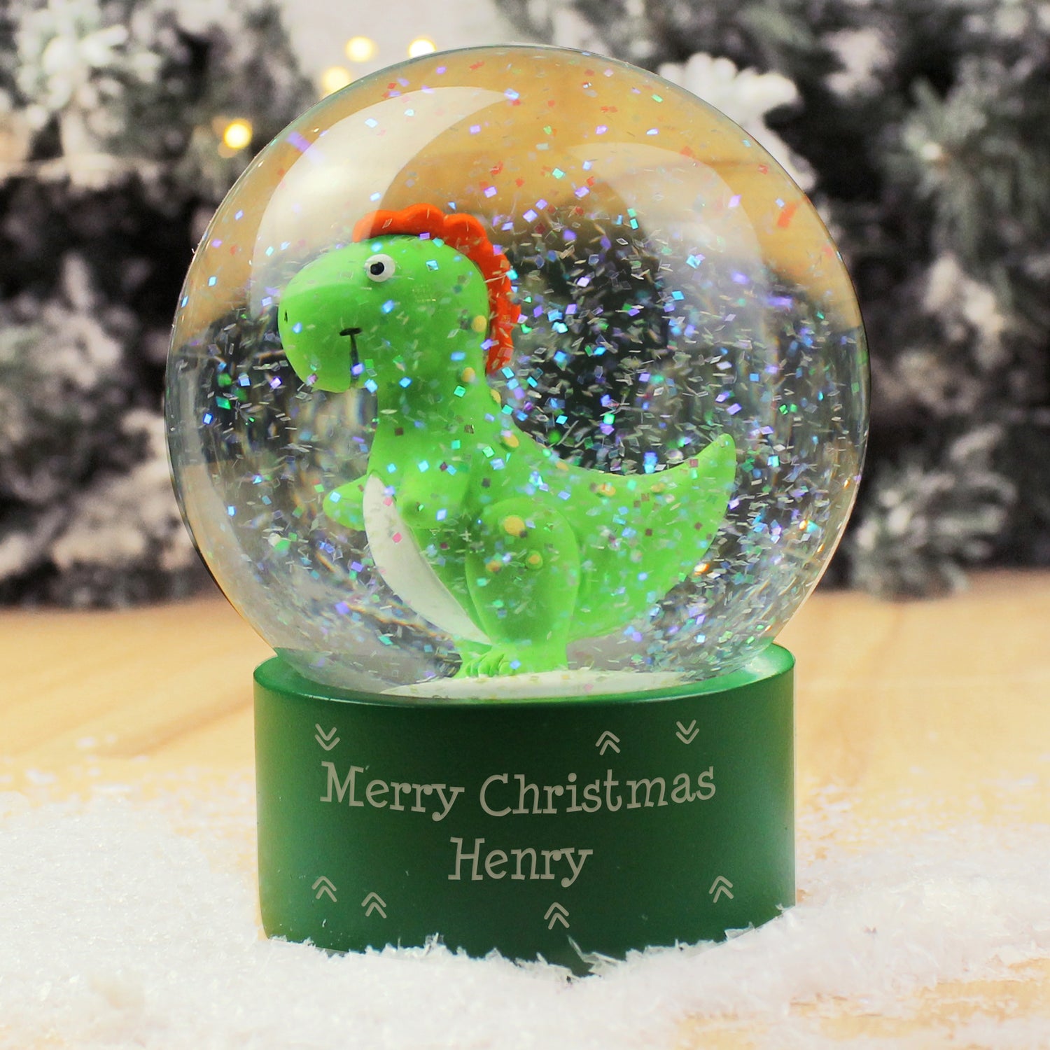 Personalised Message Dinosaur Glitter Snow Globe - gift & personalise