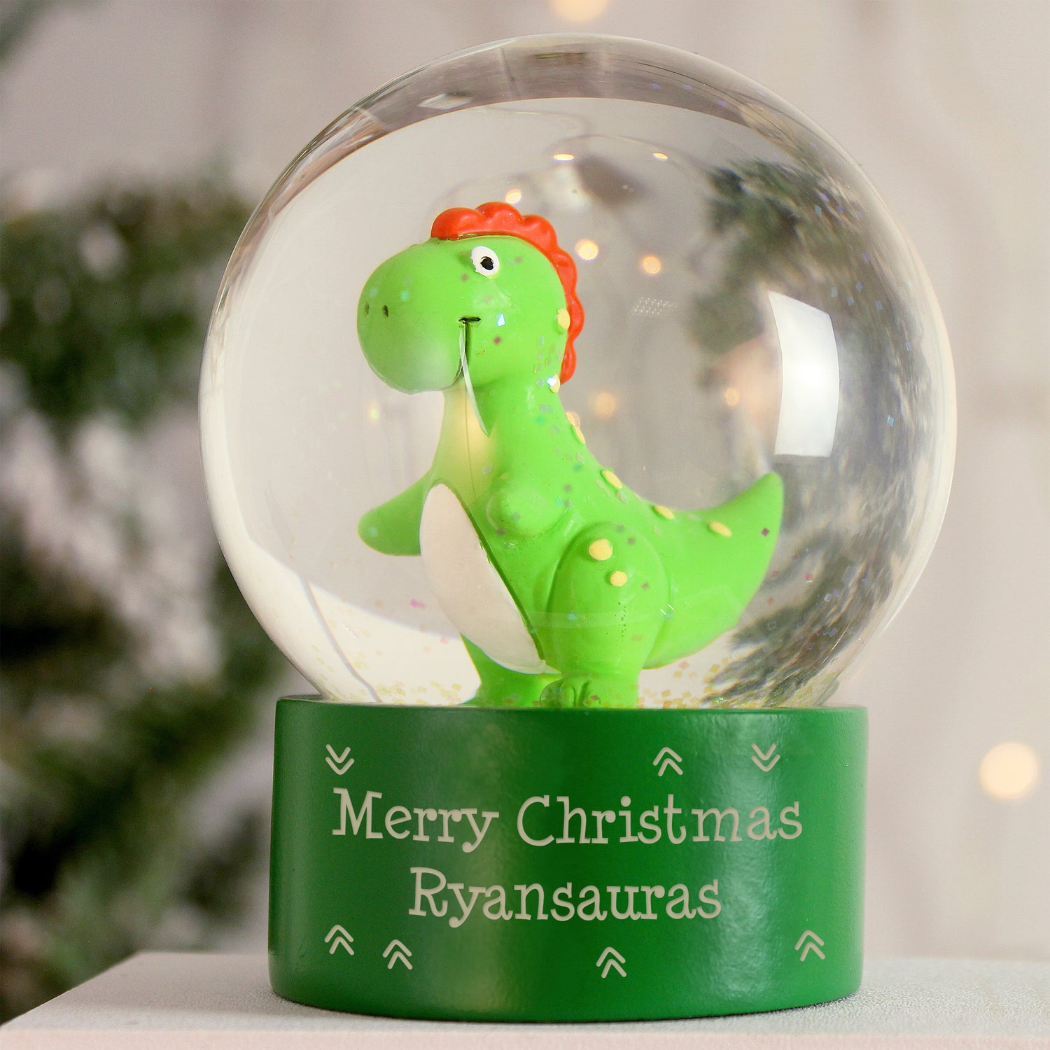 Personalised Message Dinosaur Glitter Snow Globe - gift & personalise