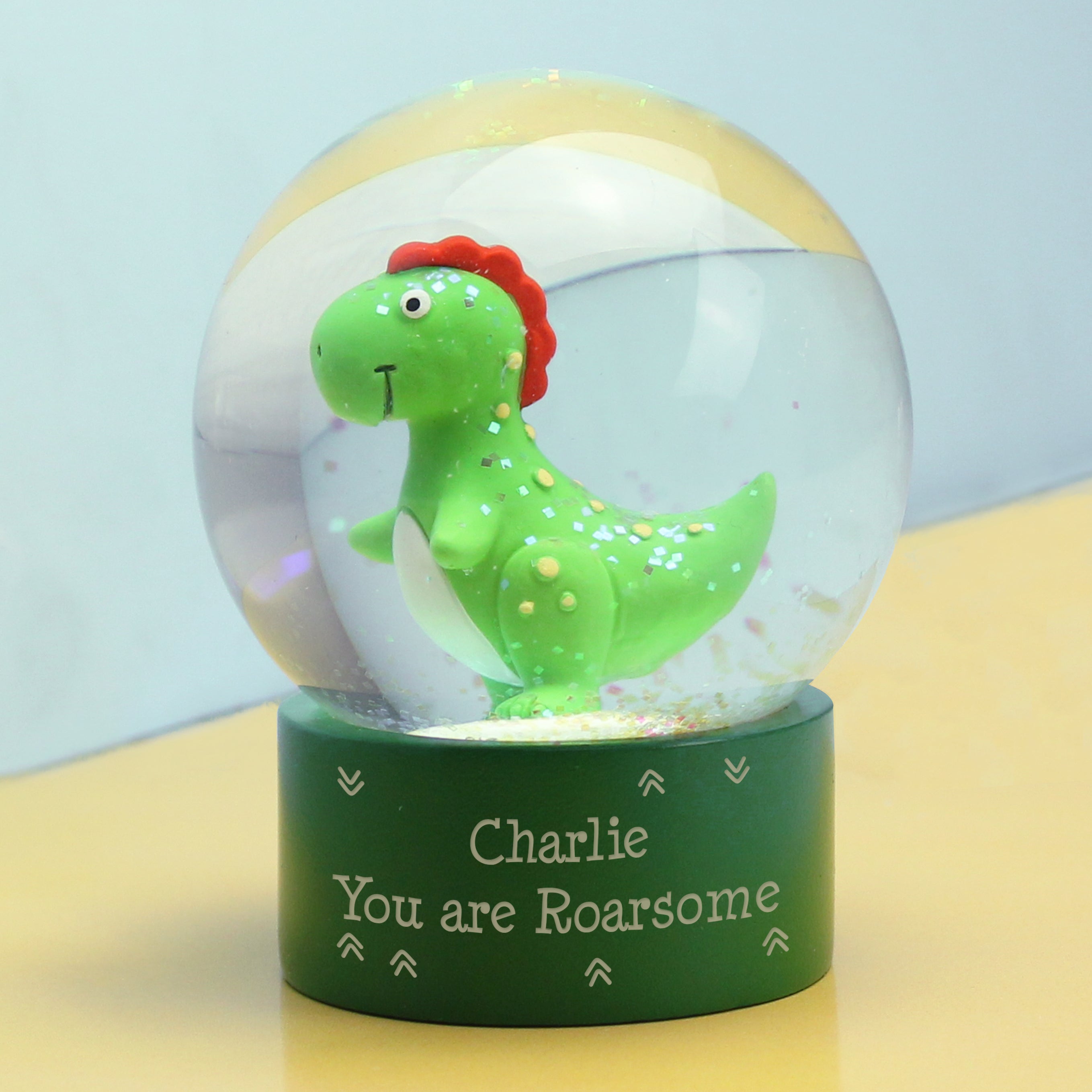 Personalised Message Dinosaur Glitter Snow Globe - gift & personalise