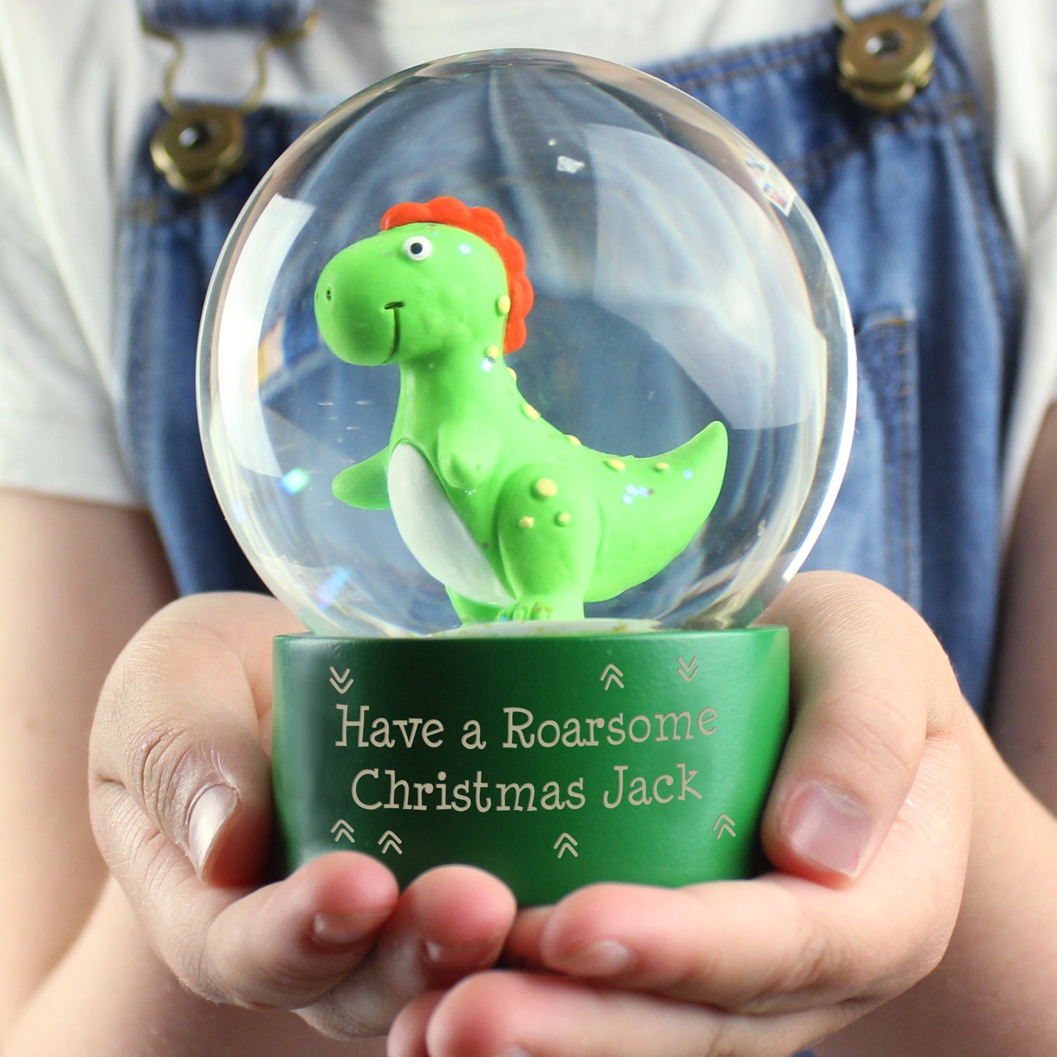 Personalised Message Dinosaur Glitter Snow Globe - gift & personalise